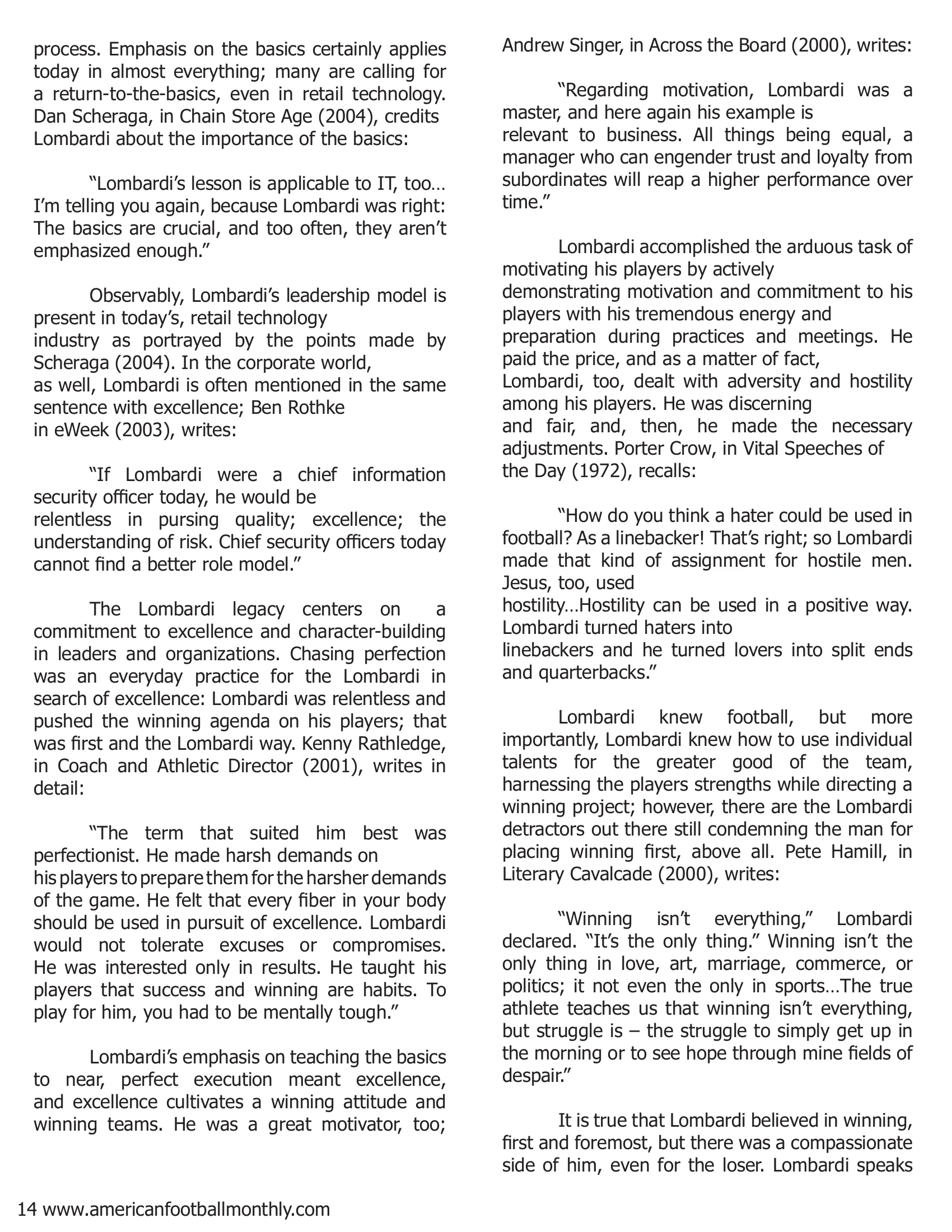 Coach Vince Lombardi's - Winning Ways Still Resonate in Business and Academia — American Football Quarterly Vol 1 — Summer 2018, page 14
