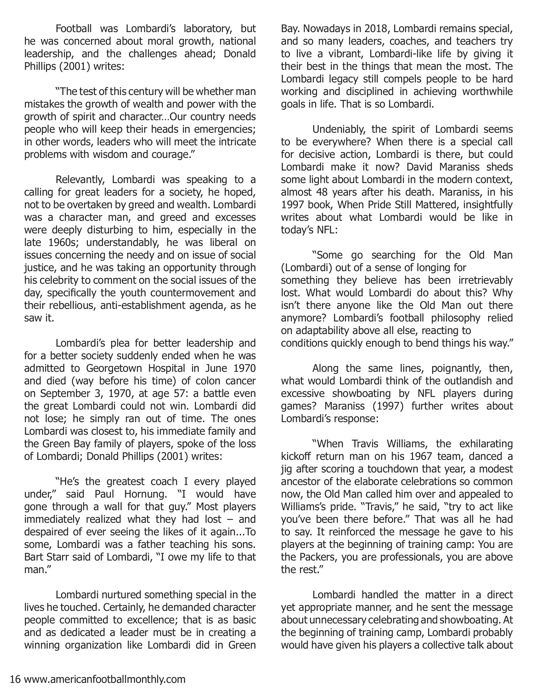 Coach Vince Lombardi's - Winning Ways Still Resonate in Business and Academia — American Football Quarterly Vol 1 — Summer 2018, page 16