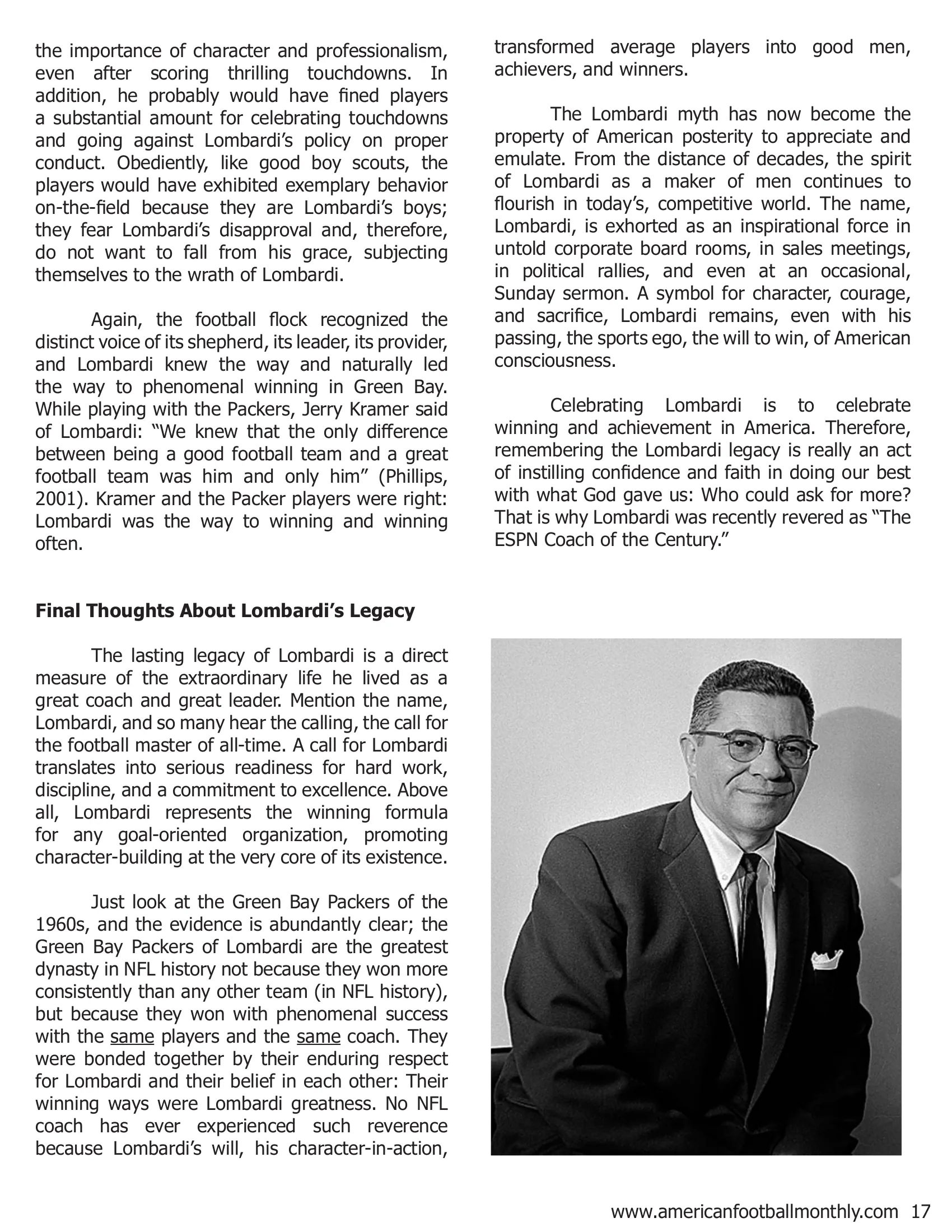 Coach Vince Lombardi's - Winning Ways Still Resonate in Business and Academia — American Football Quarterly Vol 1 — Summer 2018, page 17
