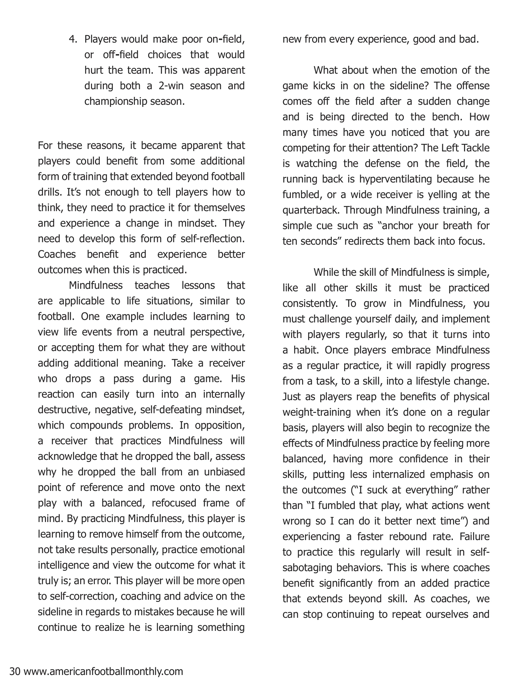 Want Better Outcomes? Incorporate Mindfulness — American Football Quarterly Vol 1 — Summer 2018, page 30