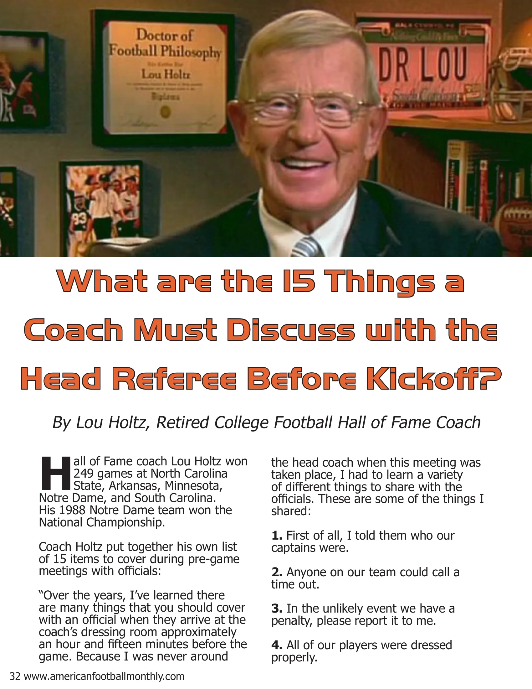 What are the 15 Things a Coach Must Discuss with the Head Referee Before Kickoff? — American Football Quarterly Vol 1 — Summer 2018, page 32