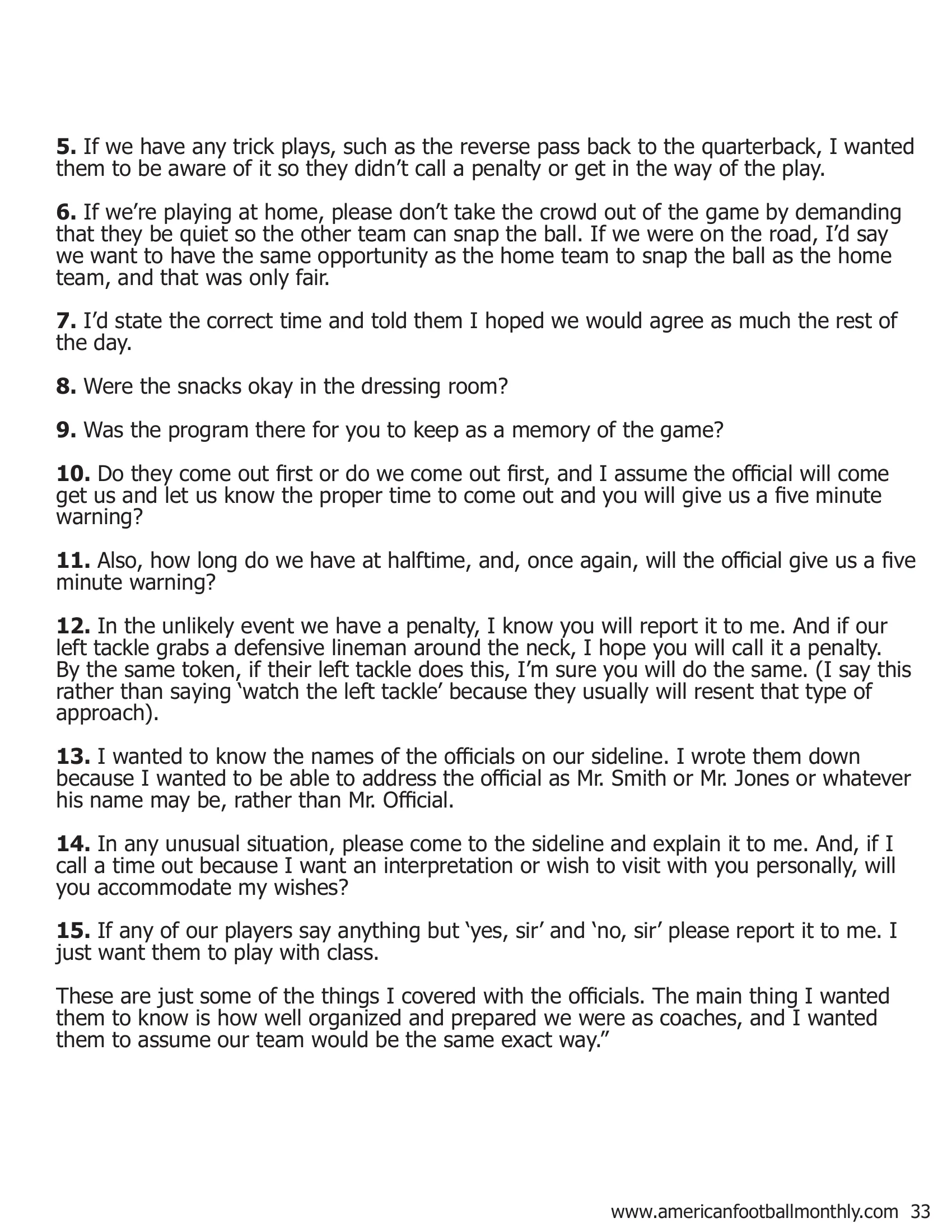 What are the 15 Things a Coach Must Discuss with the Head Referee Before Kickoff? — American Football Quarterly Vol 1 — Summer 2018, page 33