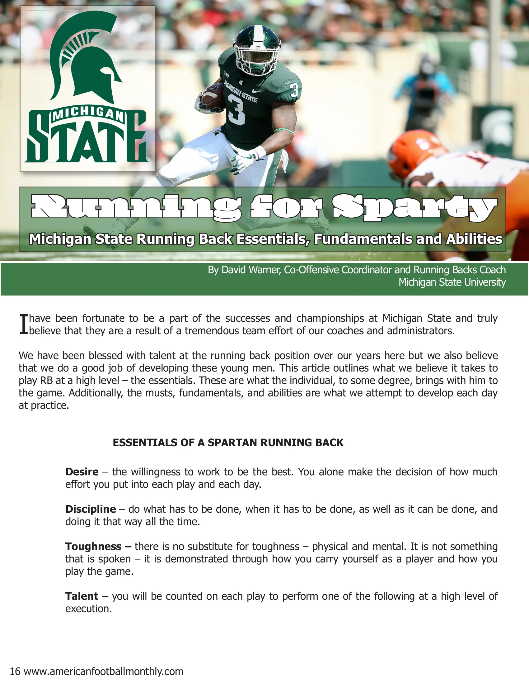 RUNNING FOR SPARTY Michigan State Running Back Essentials, Fundamentals and Abilities — American Football Quarterly Vol 1 — Winter 2019, page 16