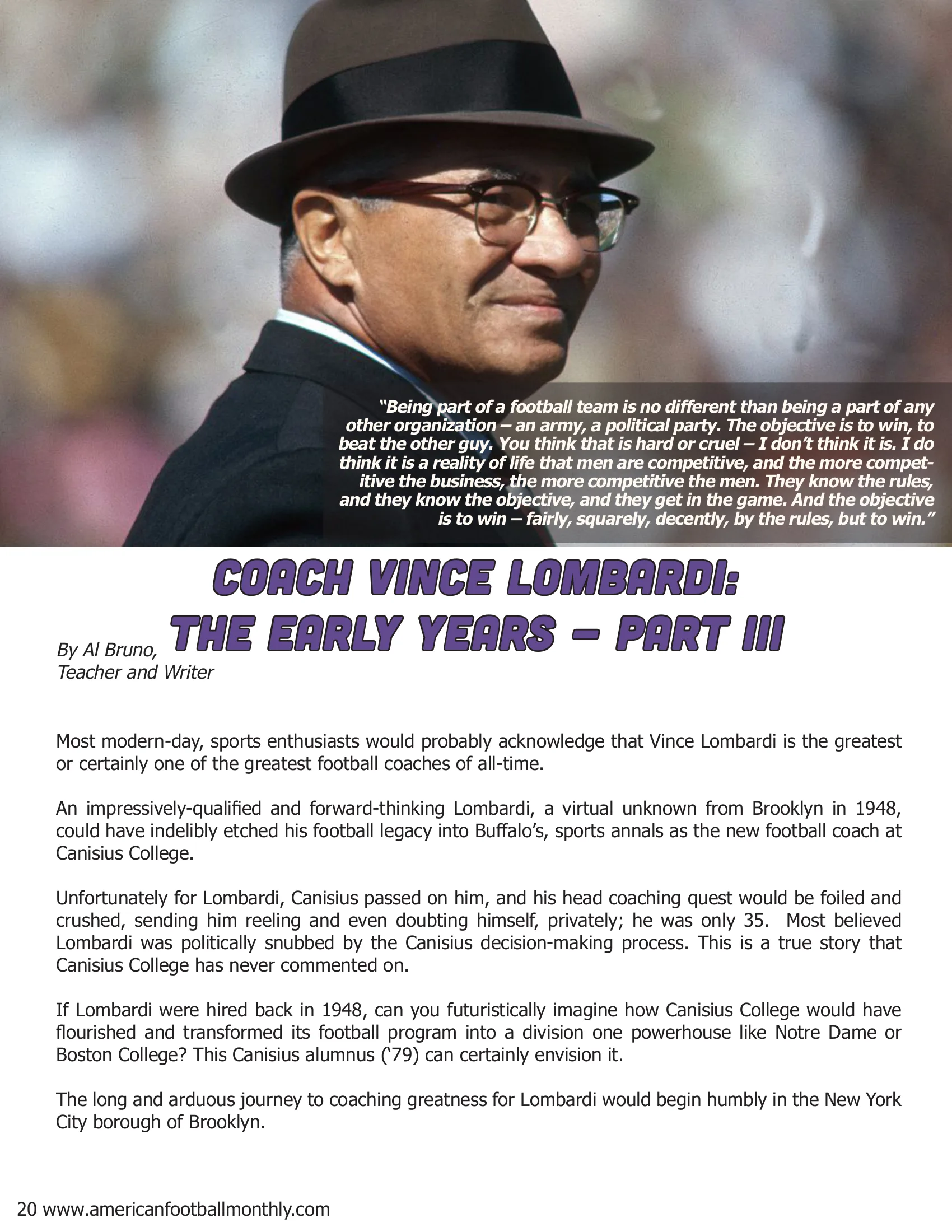 Coach Vince Lombardi: The Early Years - Part III — American Football Quarterly Vol 1 — Winter 2019, page 20