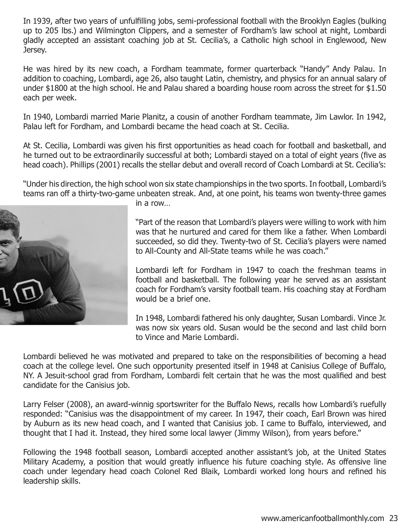 Coach Vince Lombardi: The Early Years - Part III — American Football Quarterly Vol 1 — Winter 2019, page 23