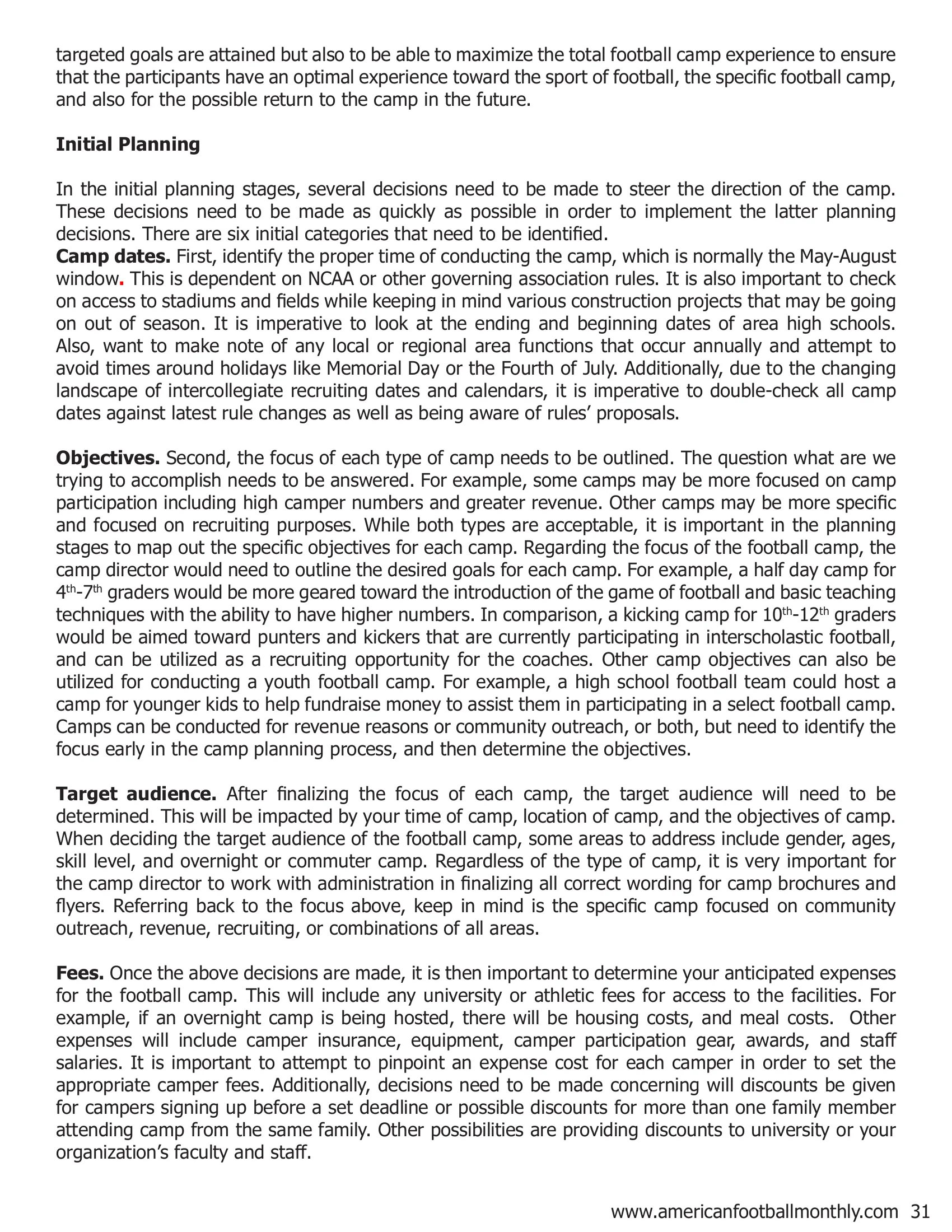 Planning a Successful Youth Football Camp — American Football Quarterly Vol 1 — Winter 2019, page 31
