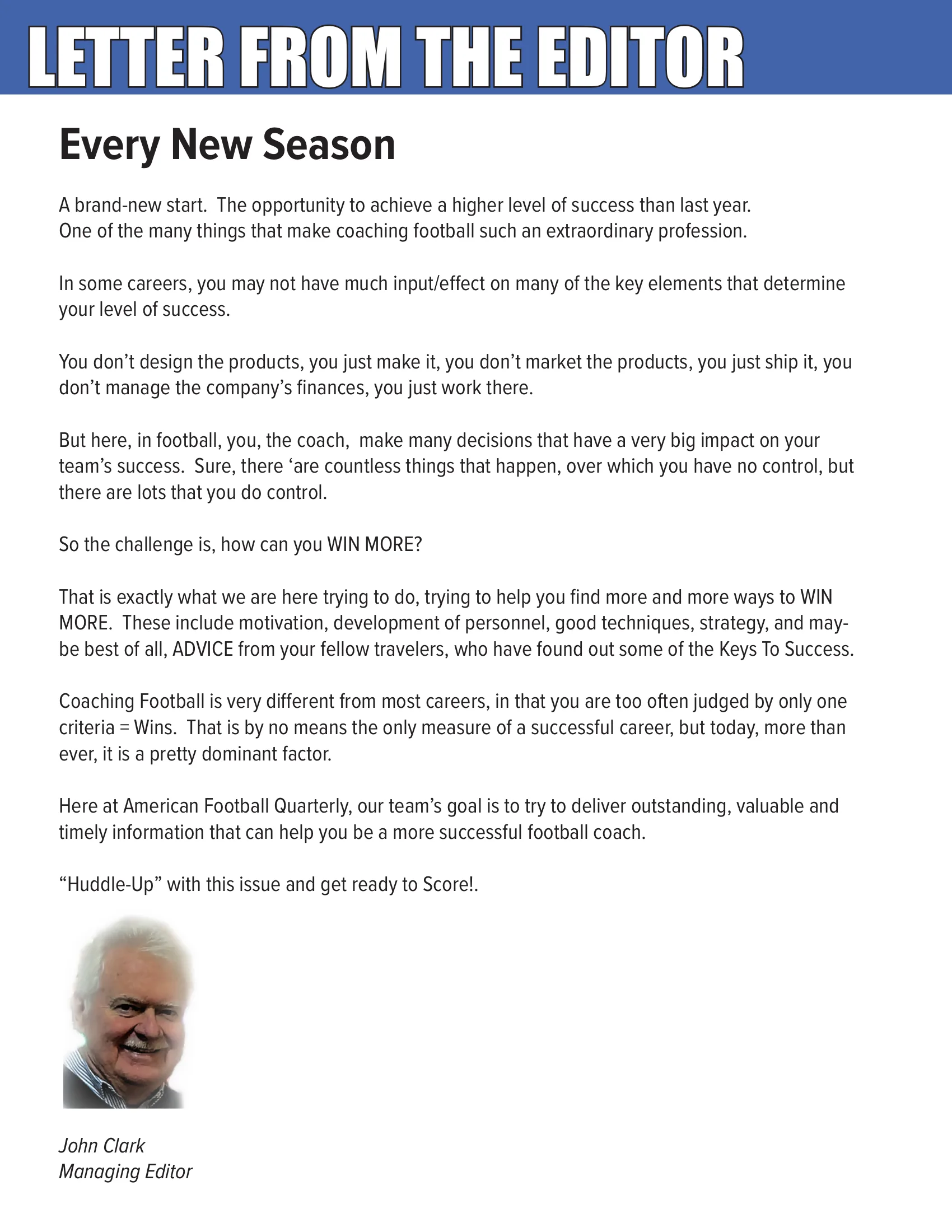 Letter from the Editor - Every New Season — American Football Quarterly Vol 1 — Summer 2023, page 4