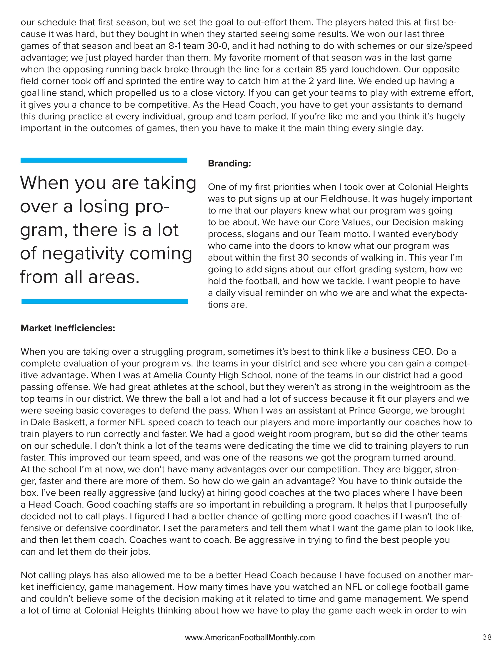 Rebuilding a program — American Football Quarterly Vol 1 — Winter 2024, page 38