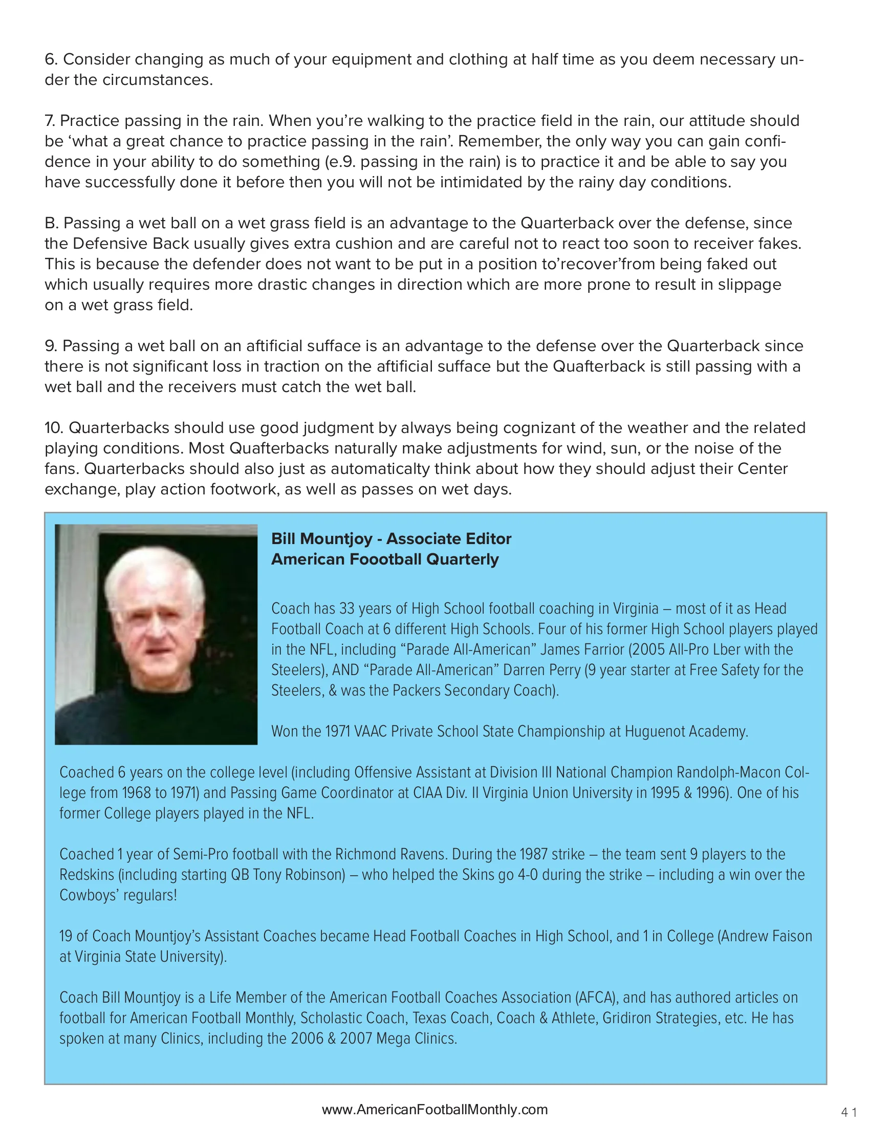 PASSING IN WET CONDITIONS — American Football Quarterly Vol 1 — Winter 2024, page 41