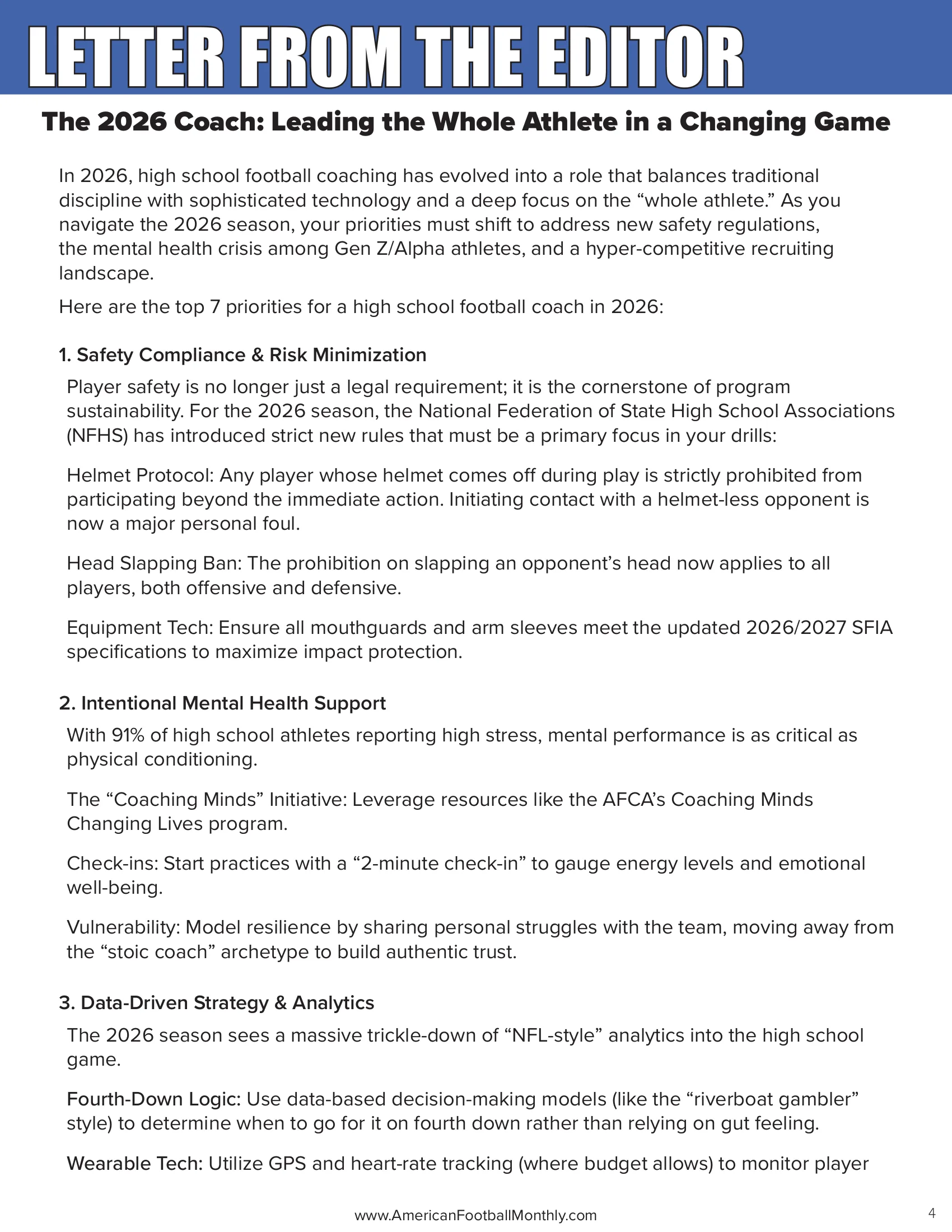 High School Football Coaching in 2026: What It Takes to Win — American Football Quarterly Vol 1 — Spring 2026, page 4