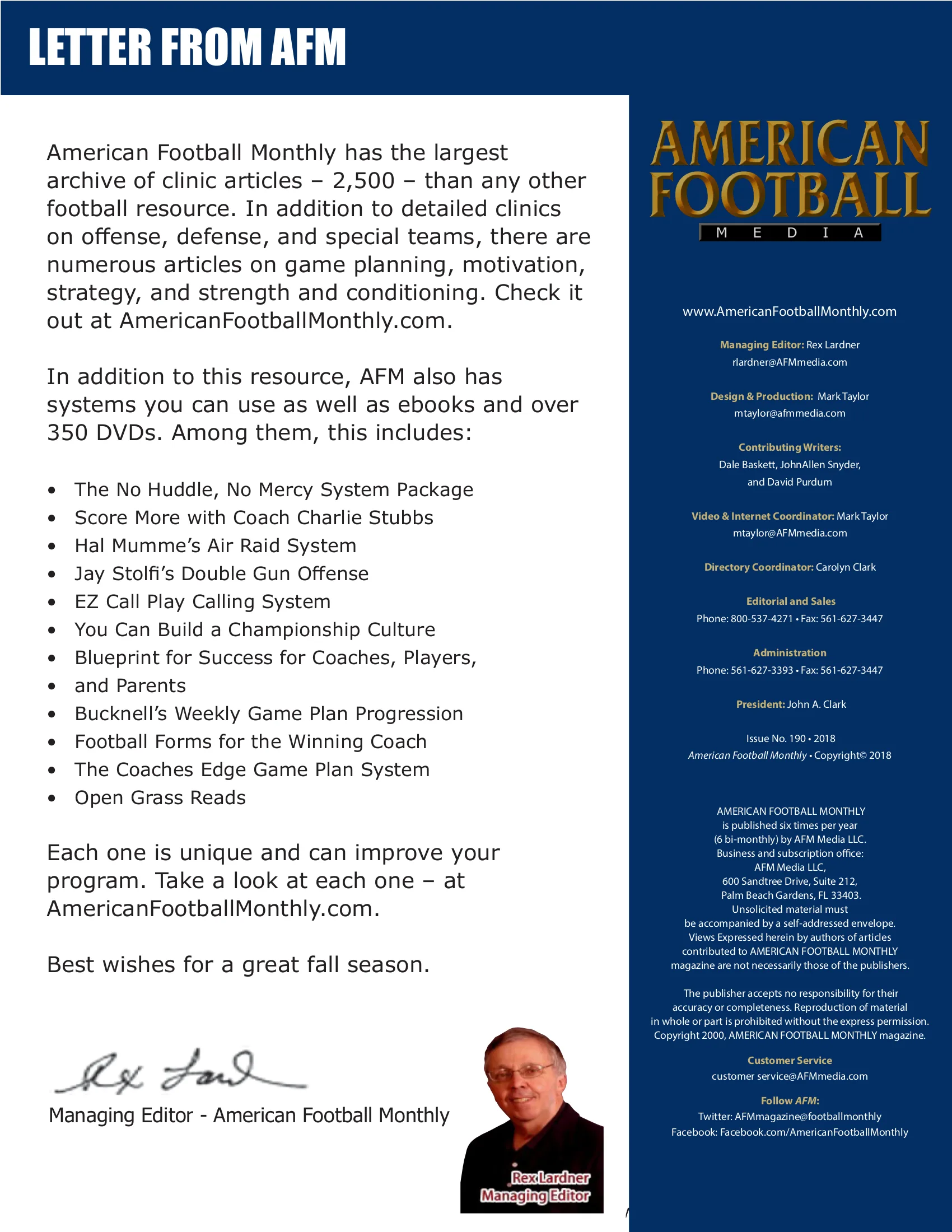 Letter from AFM — American Football Quarterly Vol 2 — Fall 2018, page 3