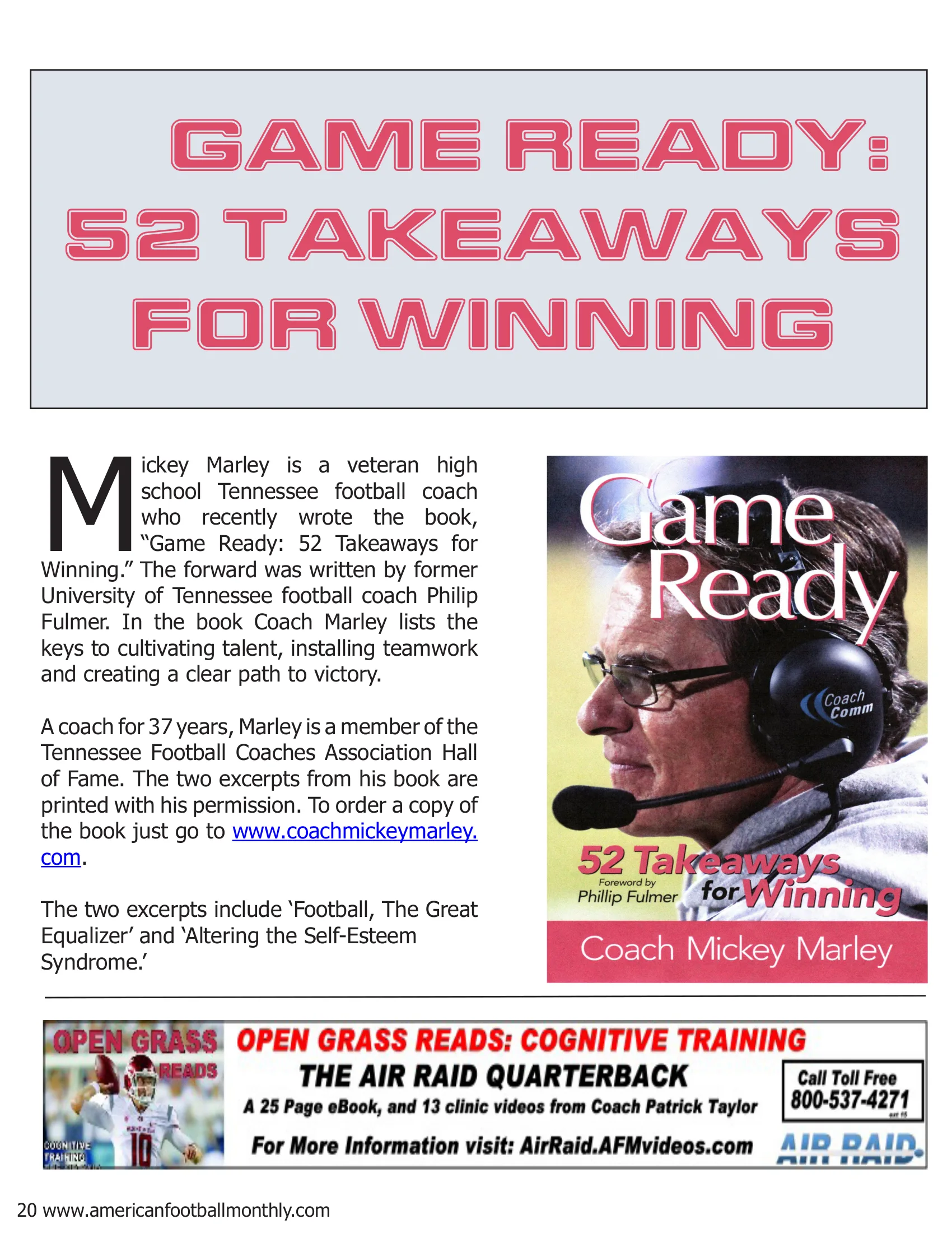 Two excerpts from Coach Mickey Marley's new book, — American Football Quarterly Vol 2 — Fall 2018, page 20