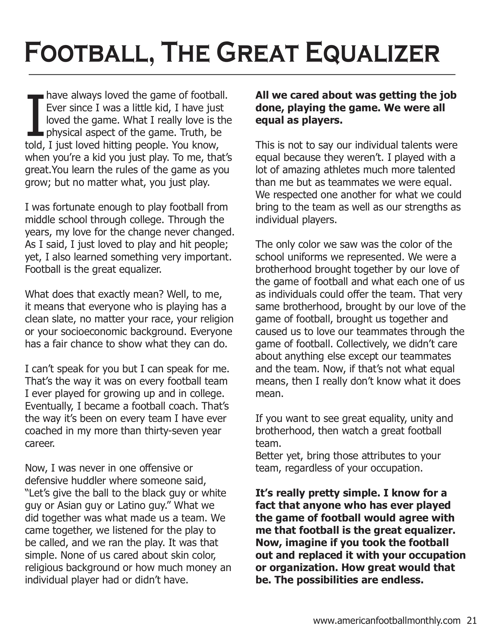 Two excerpts from Coach Mickey Marley's new book, — American Football Quarterly Vol 2 — Fall 2018, page 21