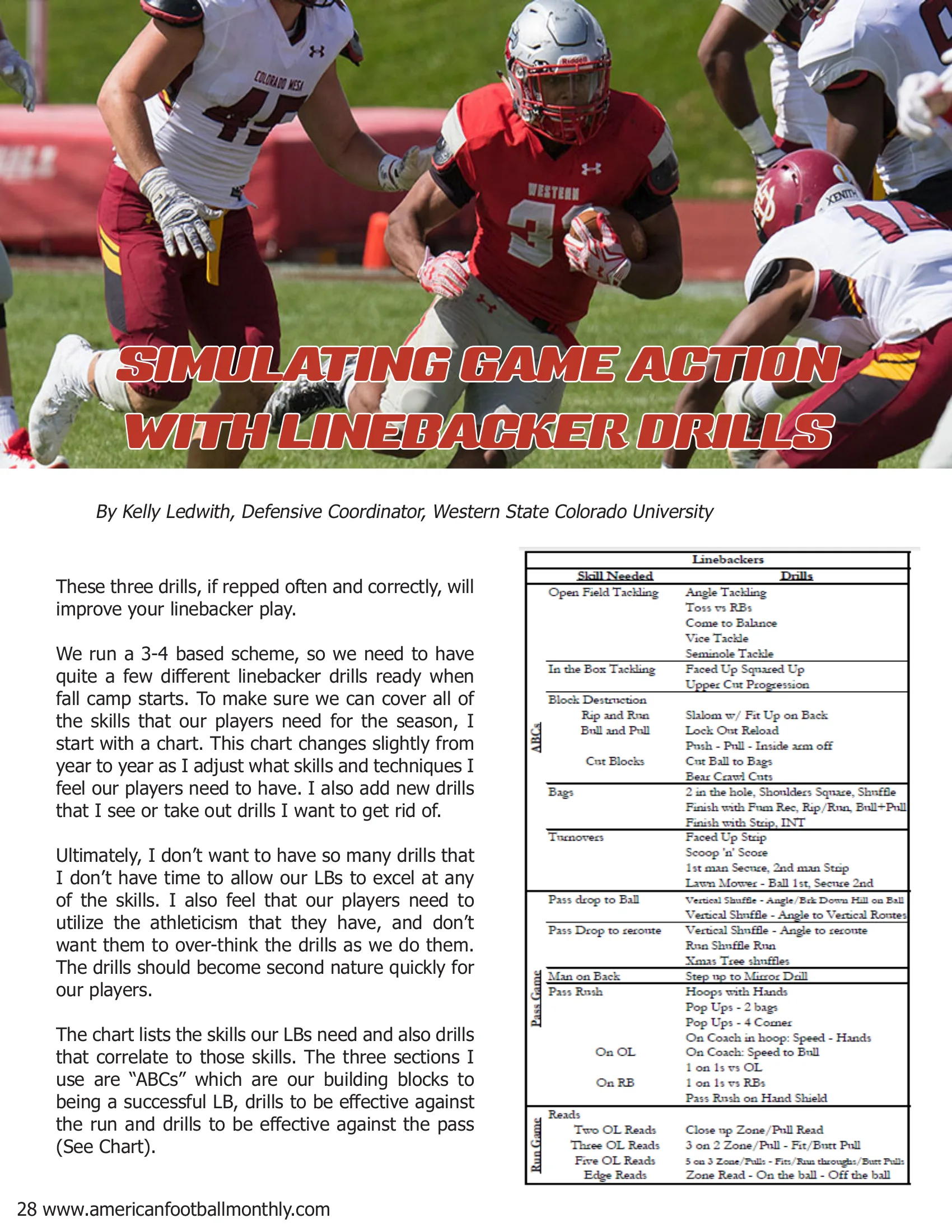 Simulating Game Action with Three Linebacker Drills — American Football Quarterly Vol 2 — Fall 2018, page 28