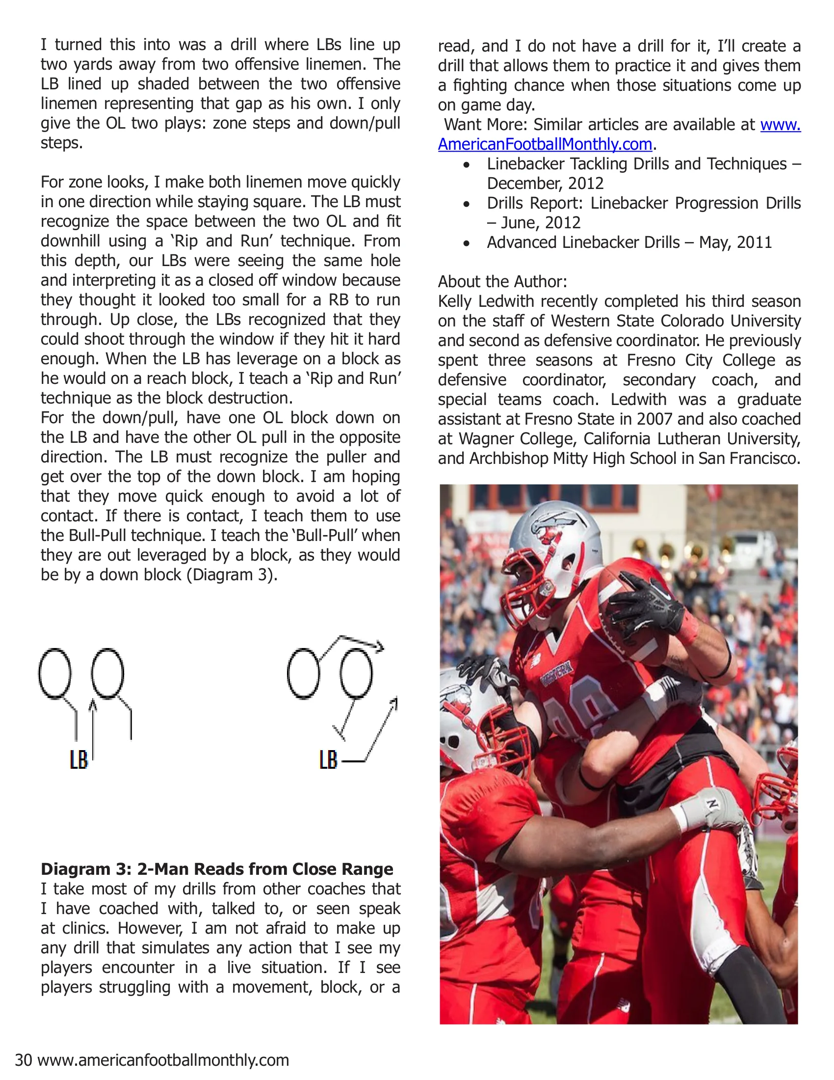 Simulating Game Action with Three Linebacker Drills — American Football Quarterly Vol 2 — Fall 2018, page 30