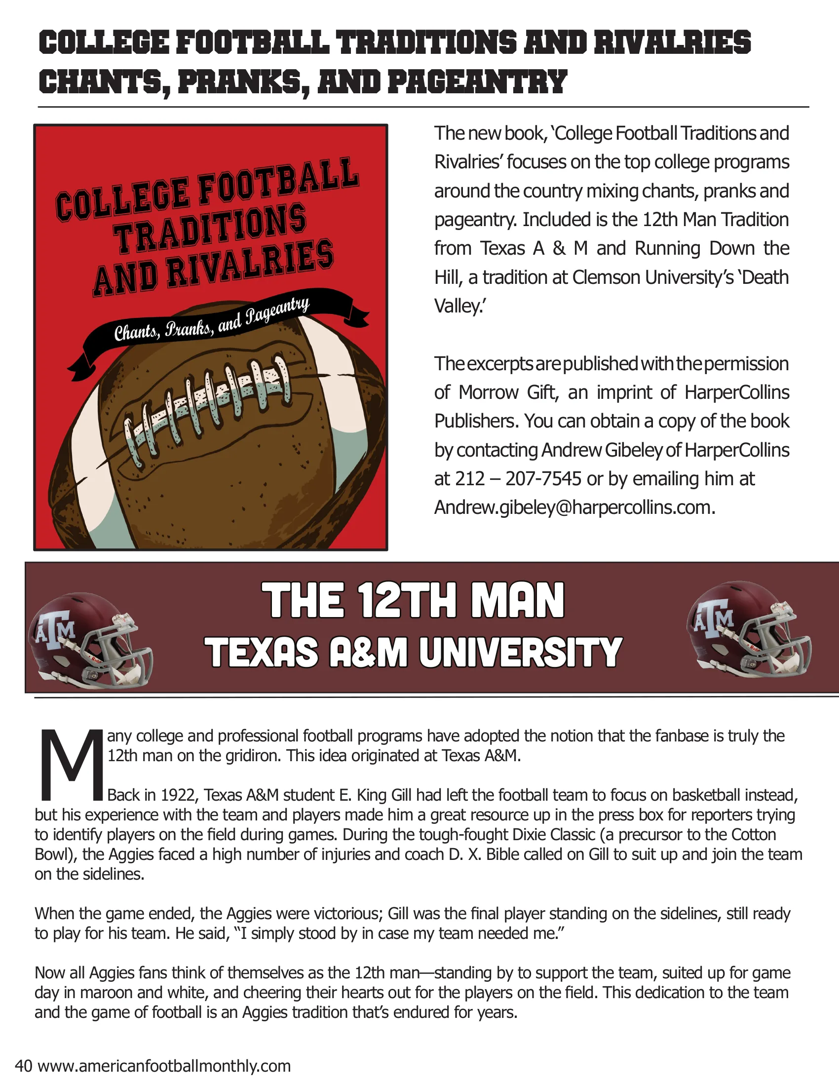 Intro and three excerpts from College Football Traditions and Rivalries — American Football Quarterly Vol 2 — Fall 2018, page 40