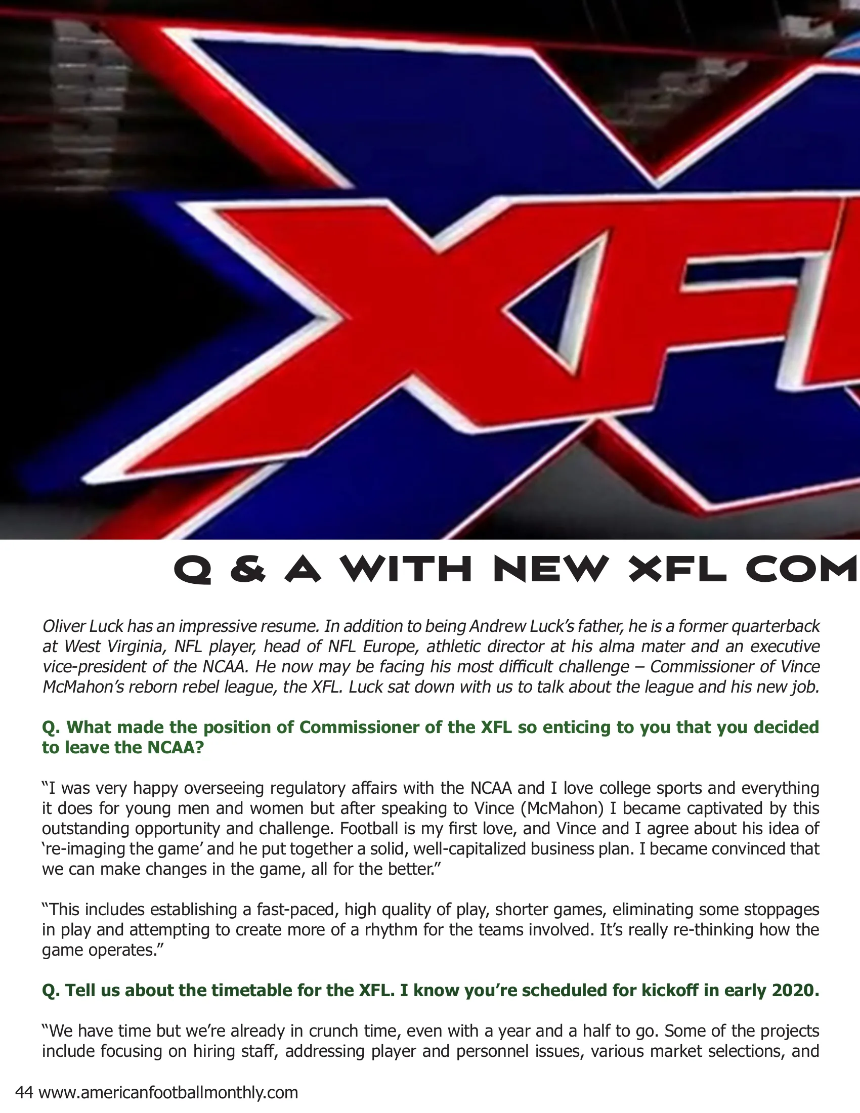 A Q & A with new XFL Commissioner, Oliver Luck — American Football Quarterly Vol 2 — Fall 2018, page 44