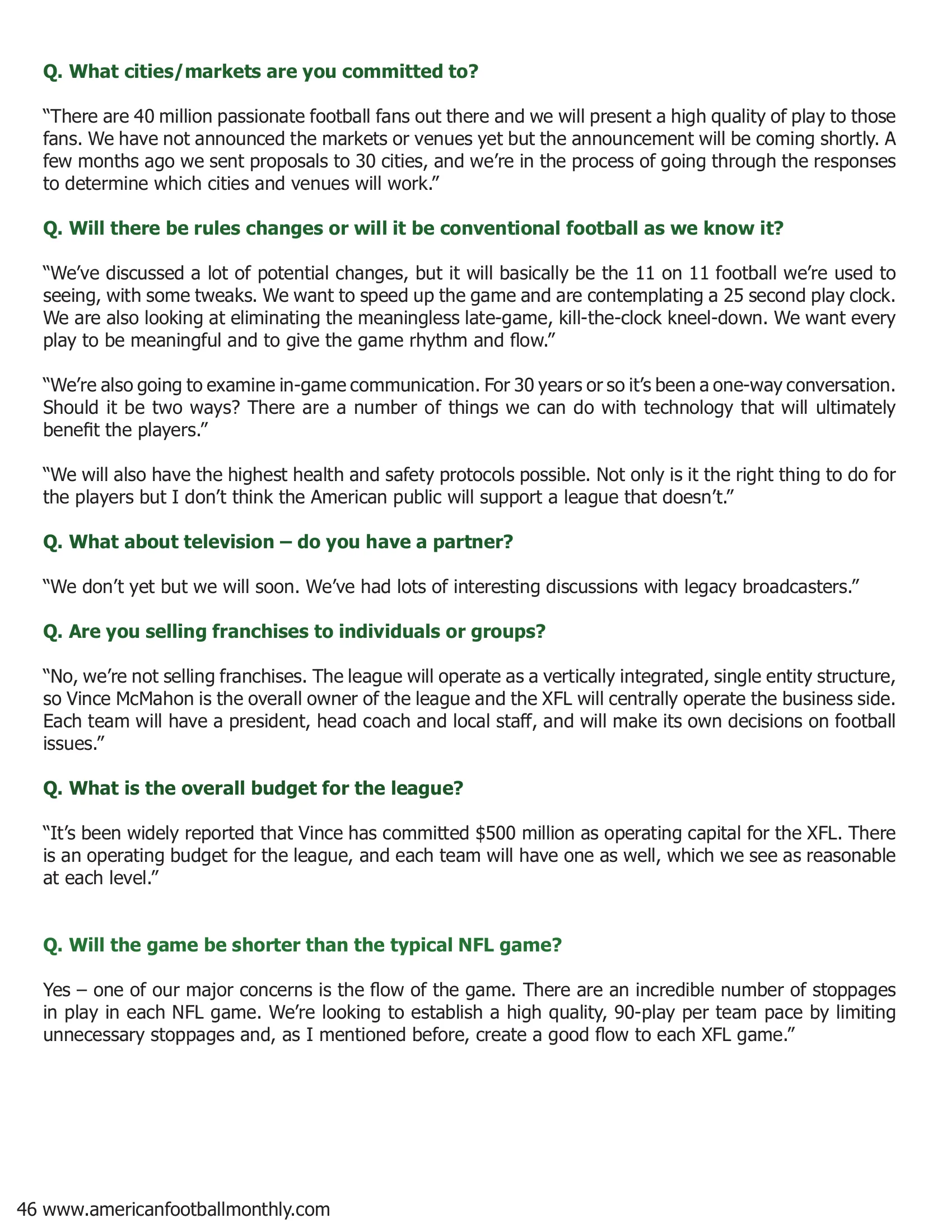 A Q & A with new XFL Commissioner, Oliver Luck — American Football Quarterly Vol 2 — Fall 2018, page 46