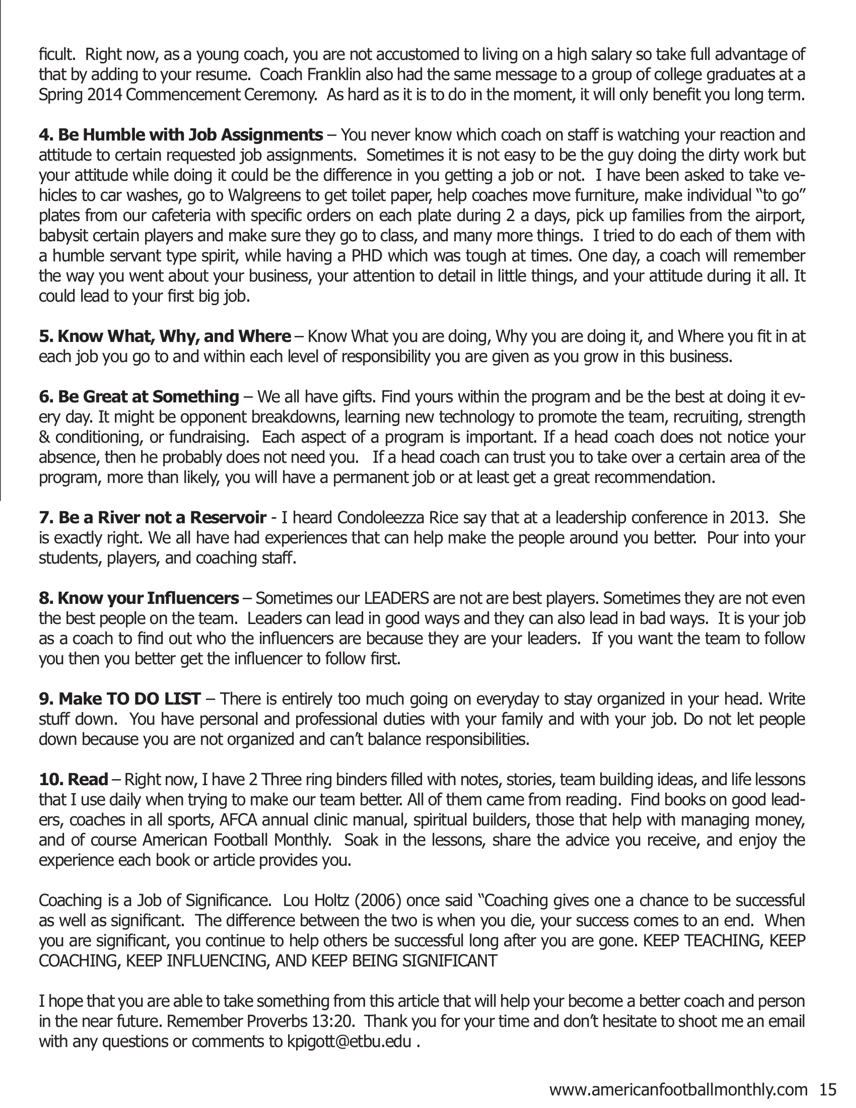 Advice to Young Coaches — American Football Quarterly Vol 2 — Spring 2019, page 15