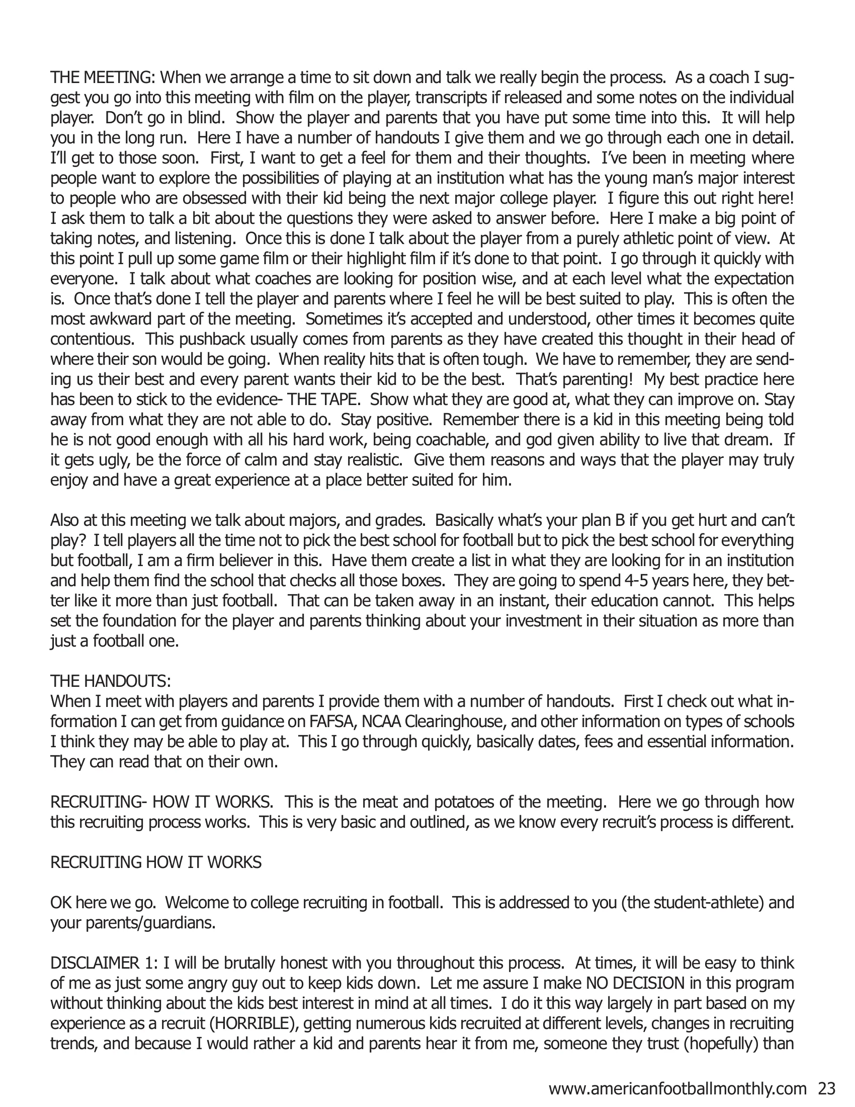 Letter from AFM – Recruiting Your Players — American Football Quarterly Vol 2 — Spring 2019, page 23