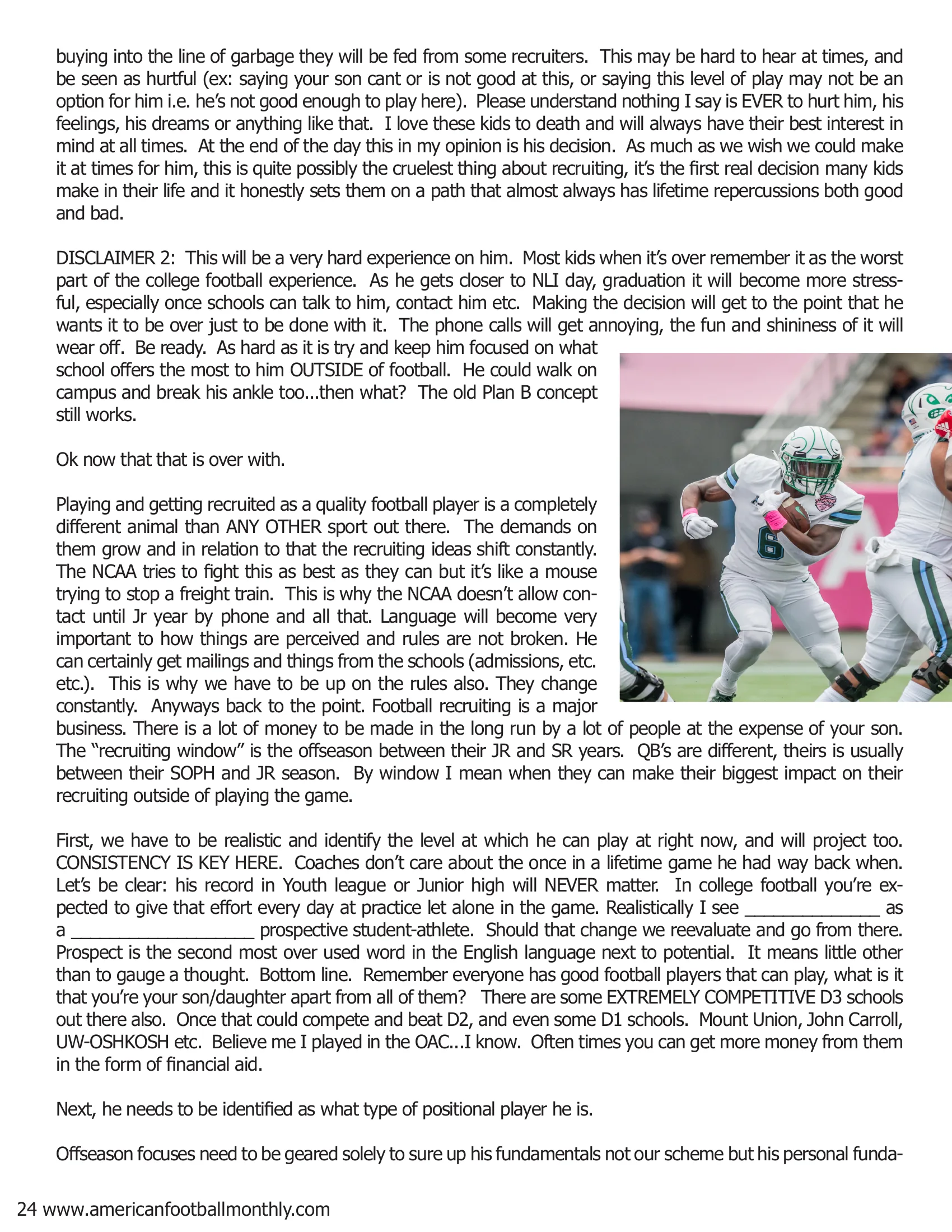 Letter from AFM – Recruiting Your Players — American Football Quarterly Vol 2 — Spring 2019, page 24