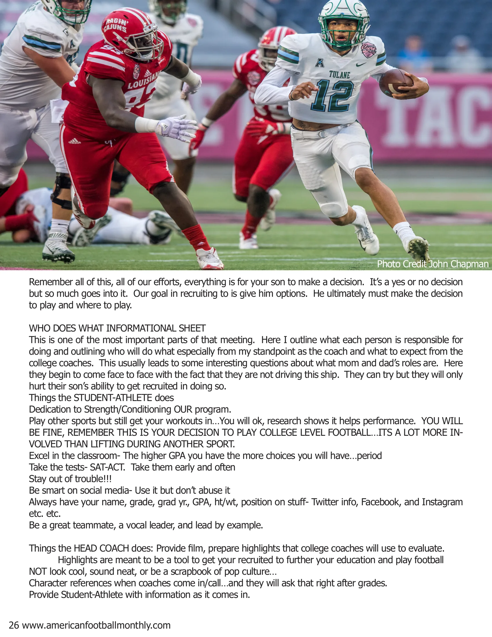 Letter from AFM – Recruiting Your Players — American Football Quarterly Vol 2 — Spring 2019, page 26