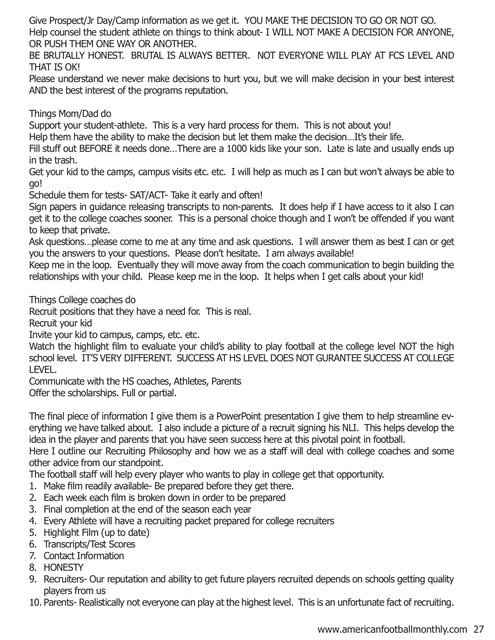 Letter from AFM – Recruiting Your Players — American Football Quarterly Vol 2 — Spring 2019, page 27