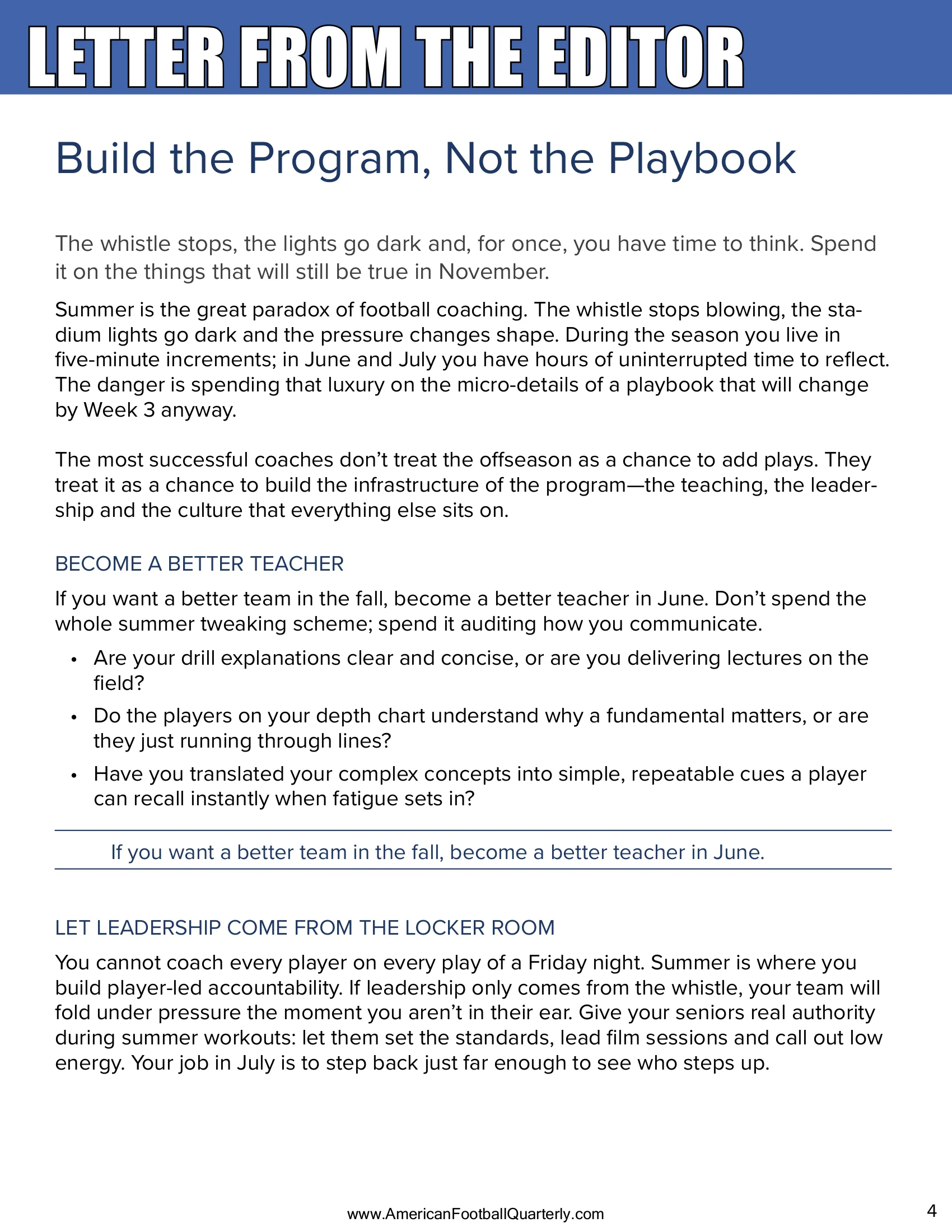 Letter From the Editor: Build the Program, Not the Playbook — American Football Quarterly Vol 2 — Summer 2026, page 4