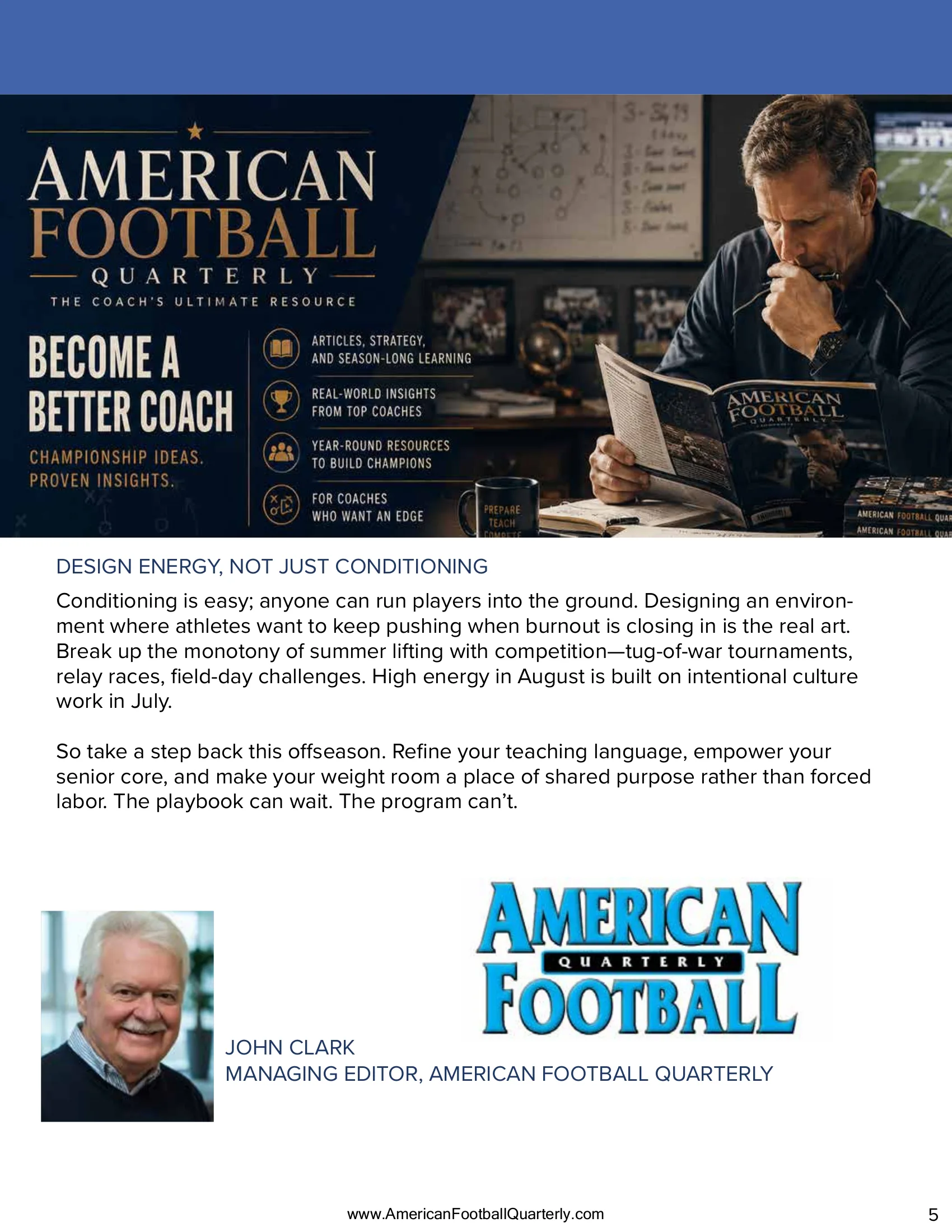 Letter From the Editor: Build the Program, Not the Playbook — American Football Quarterly Vol 2 — Summer 2026, page 5