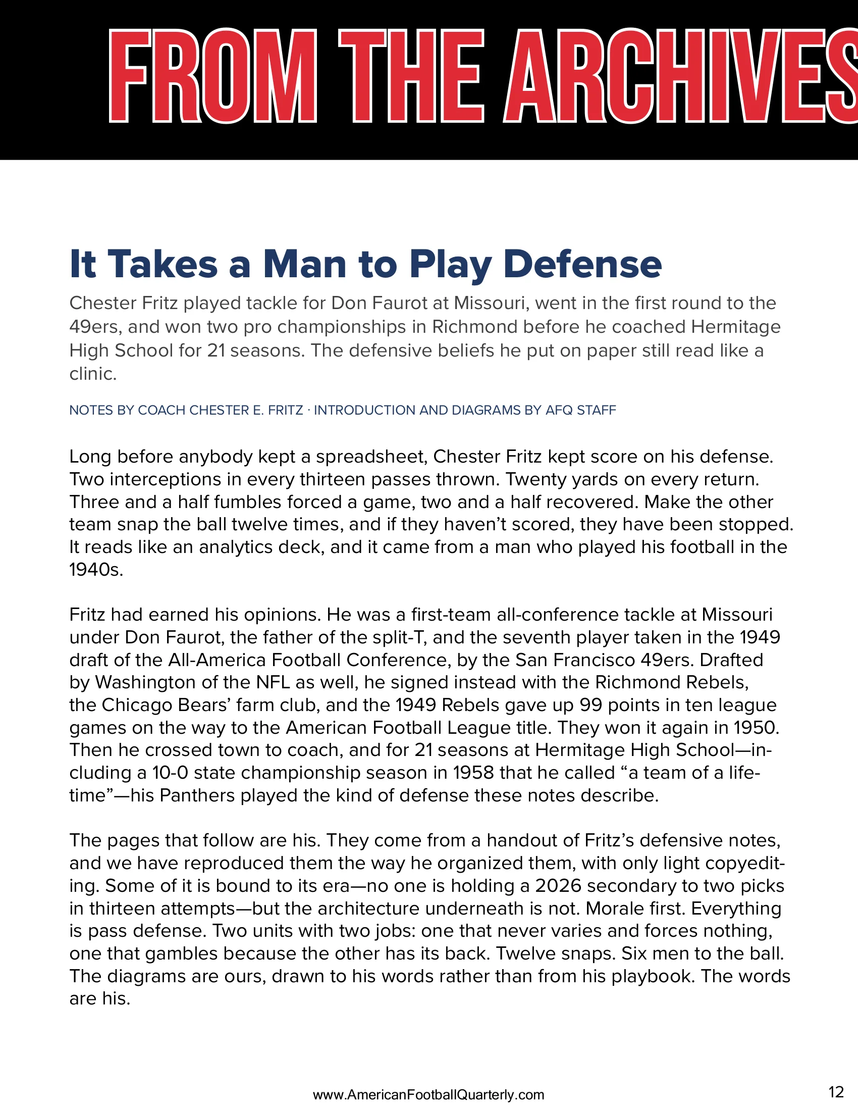 It Takes a Man to Play Defense: Coach Chester Fritz's Defensive Notes — American Football Quarterly Vol 2 — Summer 2026, page 12