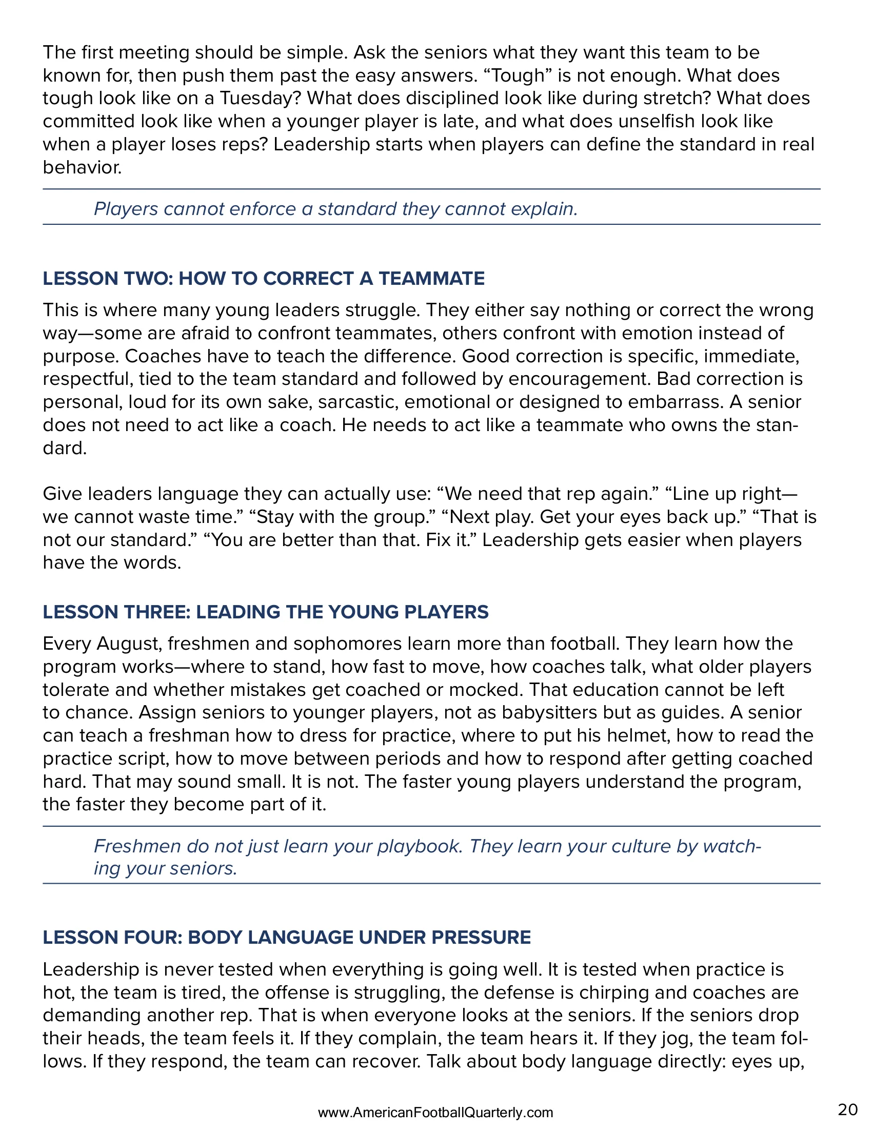 July Leadership School: Turning Seniors Into Coaches Before August — American Football Quarterly Vol 2 — Summer 2026, page 20