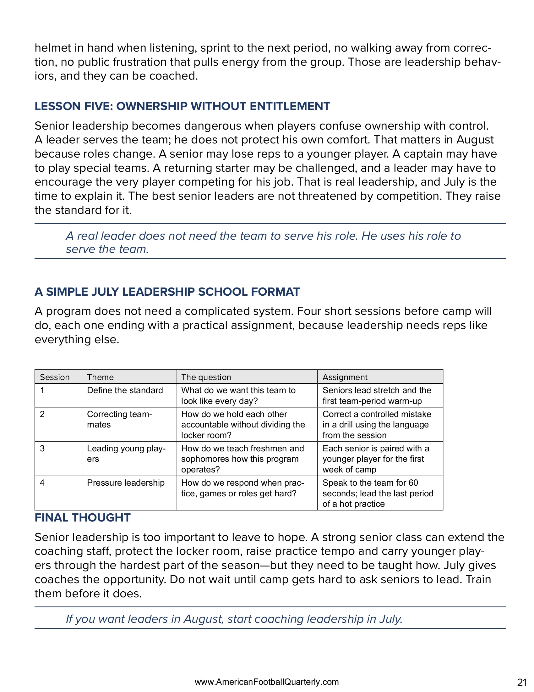 July Leadership School: Turning Seniors Into Coaches Before August — American Football Quarterly Vol 2 — Summer 2026, page 21