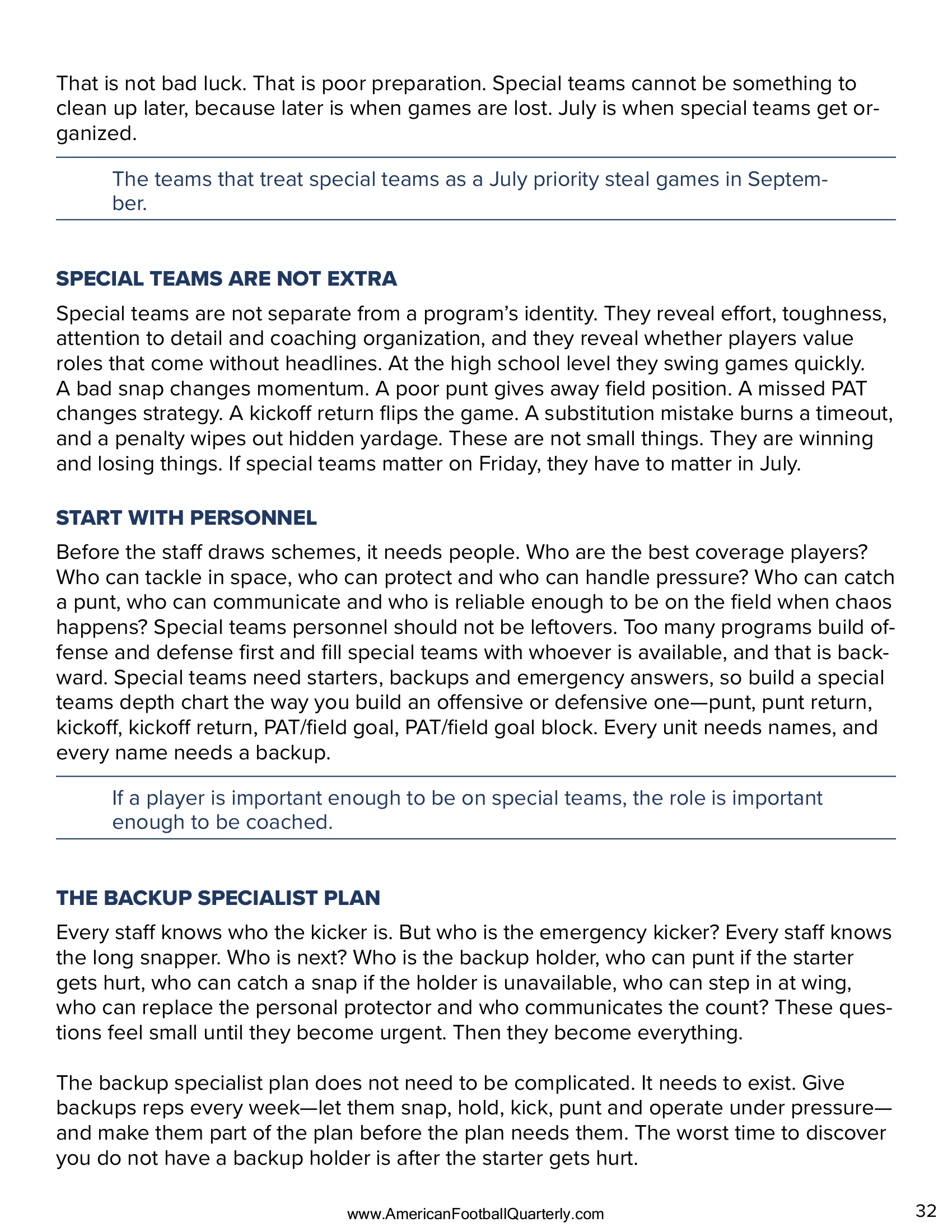 Special Teams Before the Storm: Winning Hidden Yardage in July — American Football Quarterly Vol 2 — Summer 2026, page 32