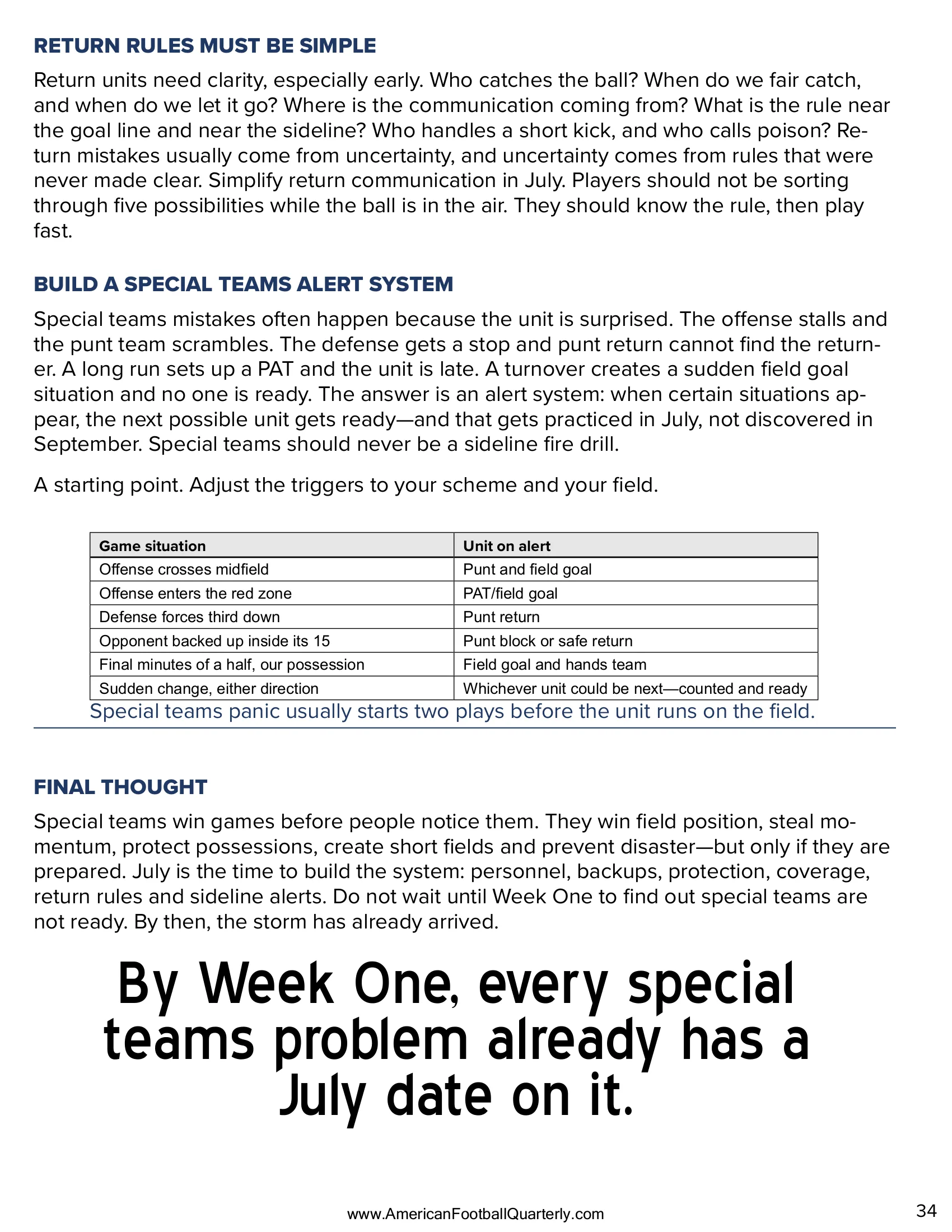 Special Teams Before the Storm: Winning Hidden Yardage in July — American Football Quarterly Vol 2 — Summer 2026, page 34