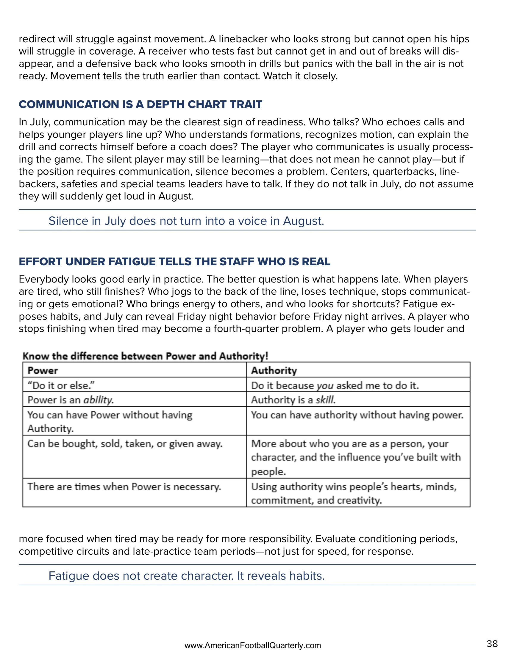 The Varsity Depth Chart Is Lying to You: How to Evaluate Your Roster Before Contact — American Football Quarterly Vol 2 — Summer 2026, page 38