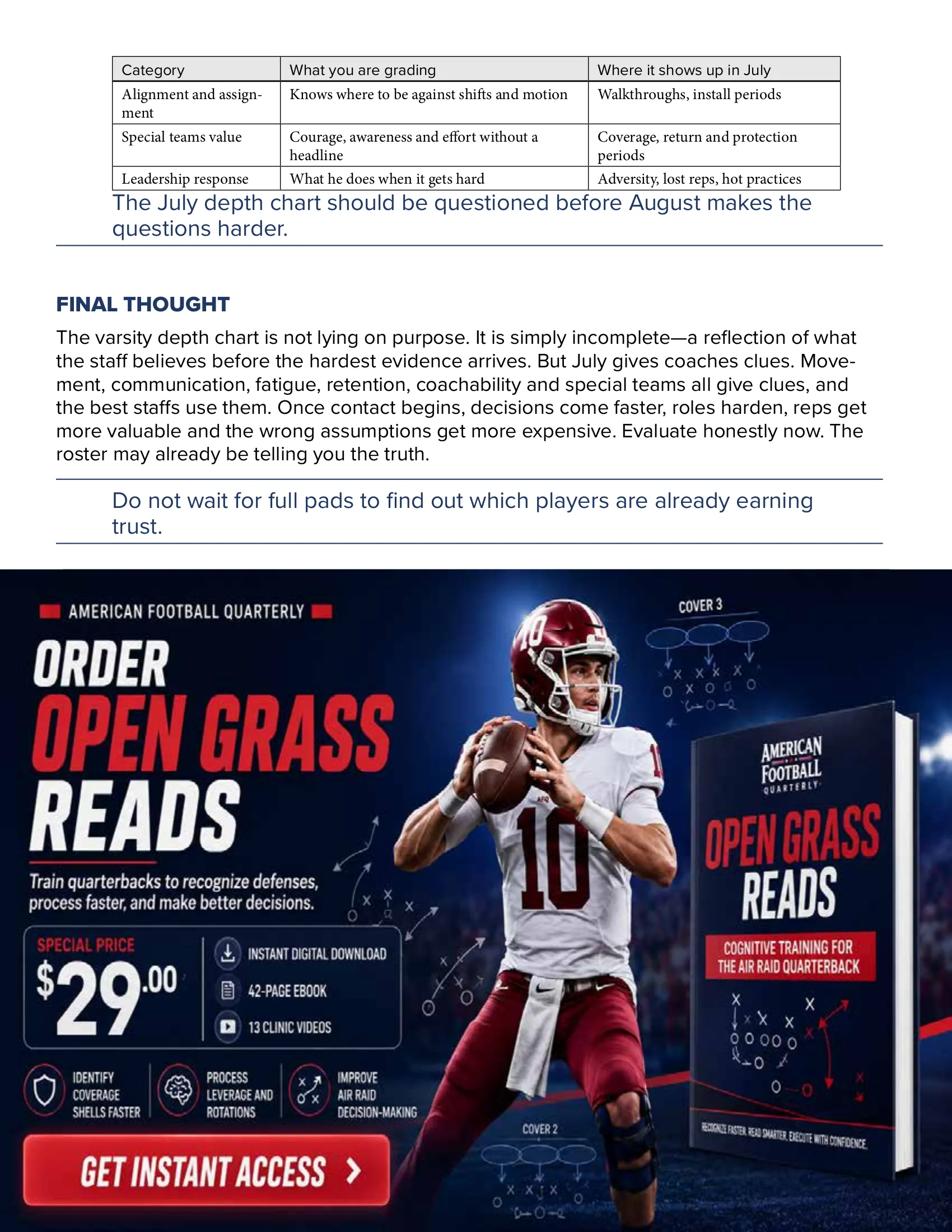The Varsity Depth Chart Is Lying to You: How to Evaluate Your Roster Before Contact — American Football Quarterly Vol 2 — Summer 2026, page 41