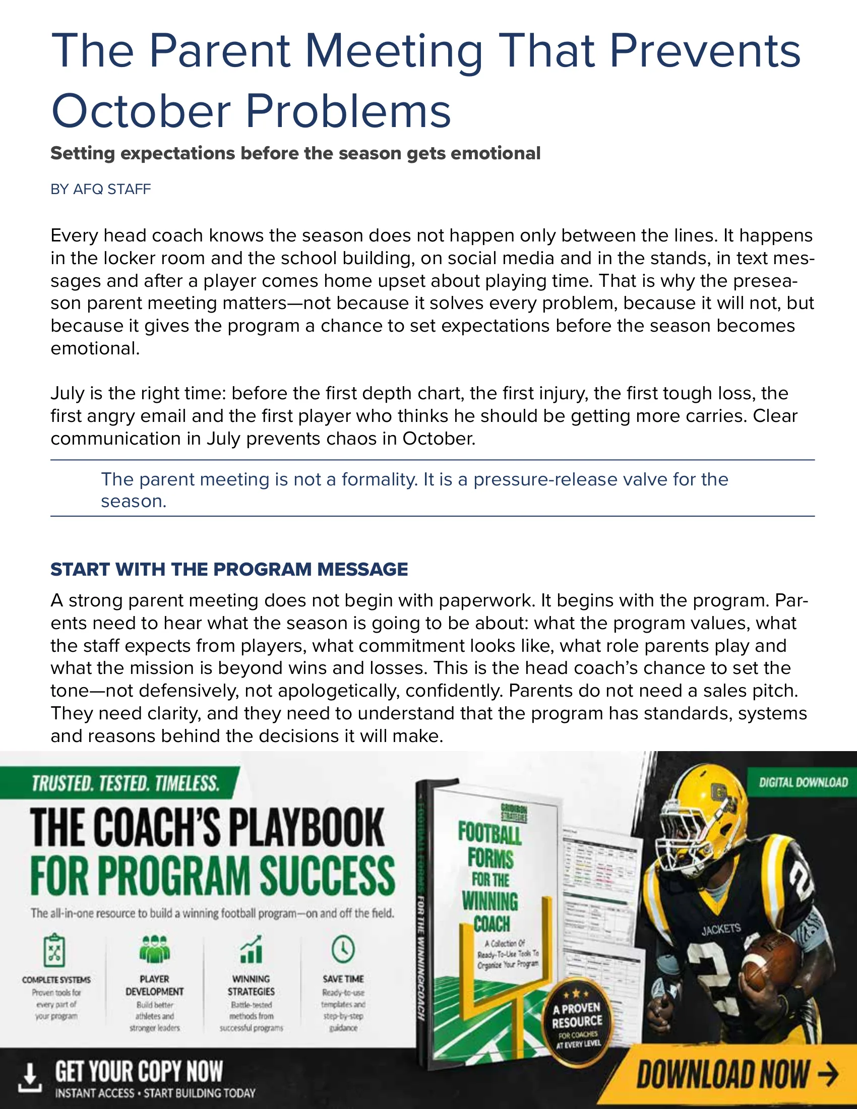The Parent Meeting That Prevents October Problems — American Football Quarterly Vol 2 — Summer 2026, page 46