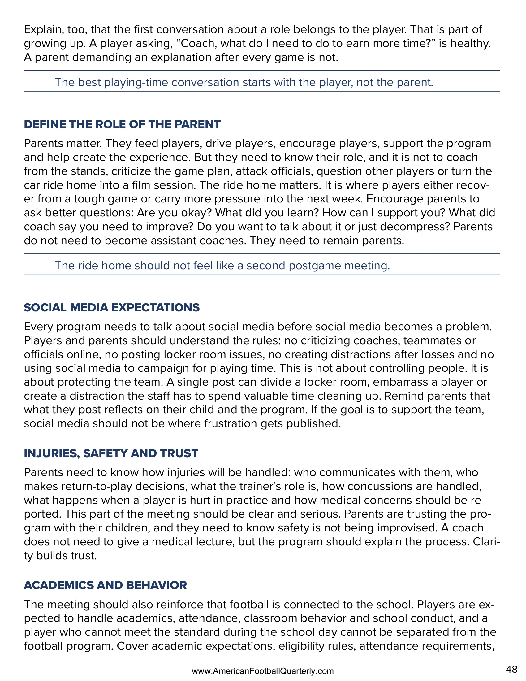 The Parent Meeting That Prevents October Problems — American Football Quarterly Vol 2 — Summer 2026, page 48