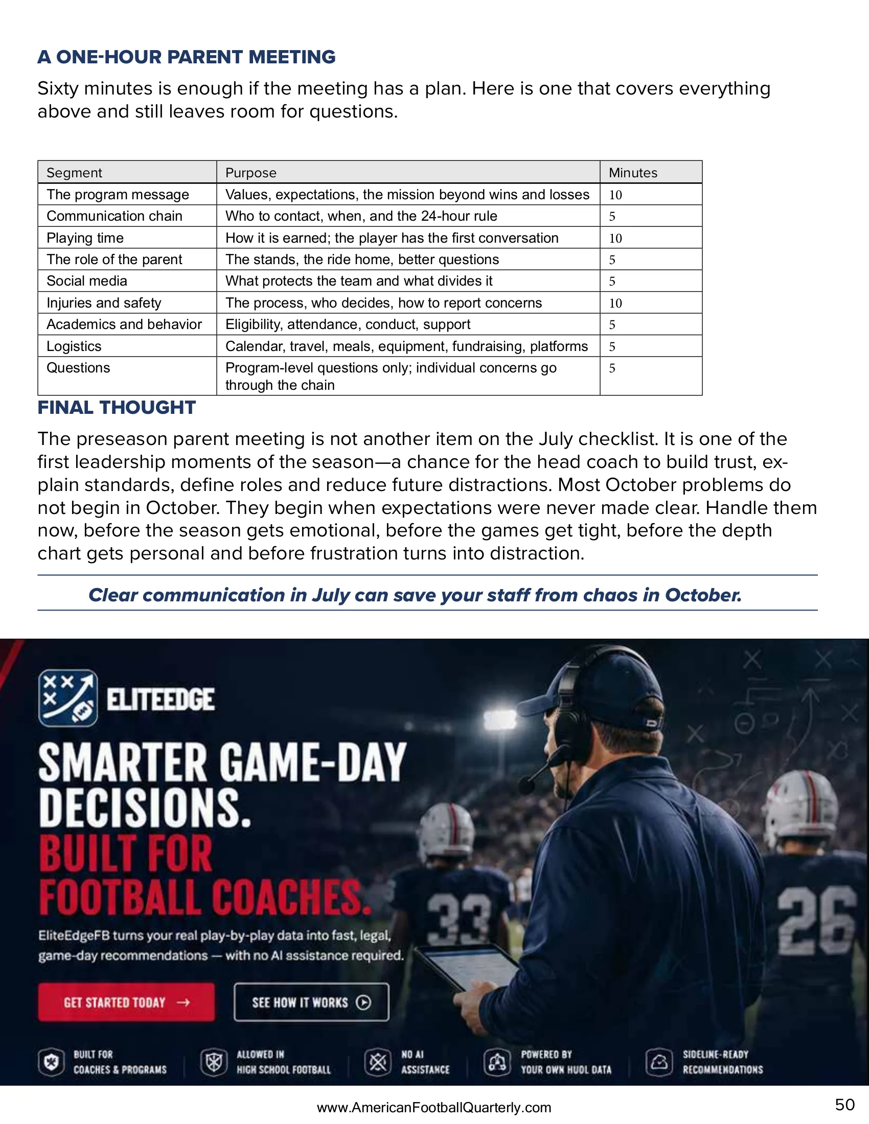 The Parent Meeting That Prevents October Problems — American Football Quarterly Vol 2 — Summer 2026, page 50