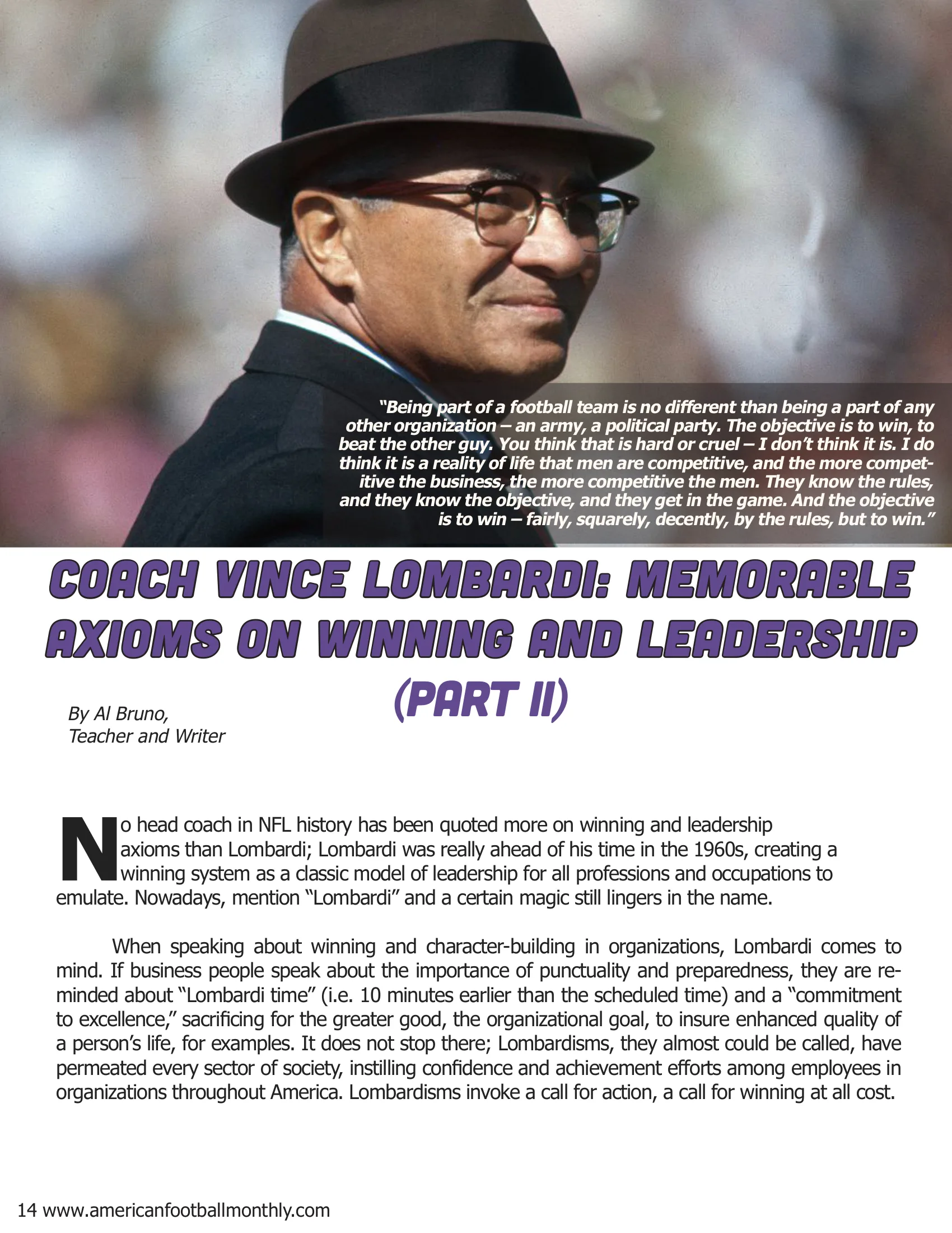 Coach Vince Lombardi: Memorable Axioms on Winning and Leadership (Part II) — American Football Quarterly Vol 3 — Winter 2018, page 14