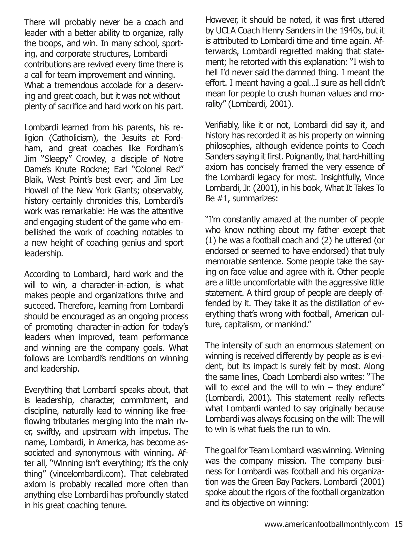 Coach Vince Lombardi: Memorable Axioms on Winning and Leadership (Part II) — American Football Quarterly Vol 3 — Winter 2018, page 15