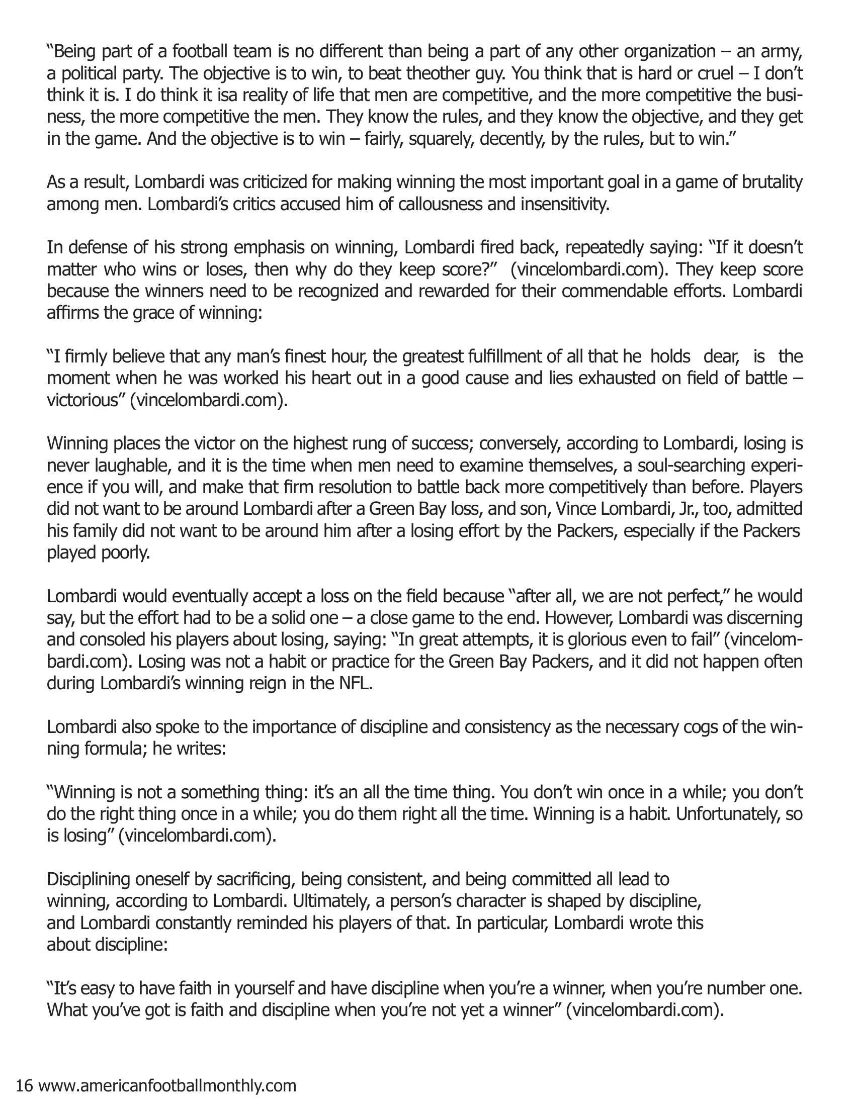 Coach Vince Lombardi: Memorable Axioms on Winning and Leadership (Part II) — American Football Quarterly Vol 3 — Winter 2018, page 16