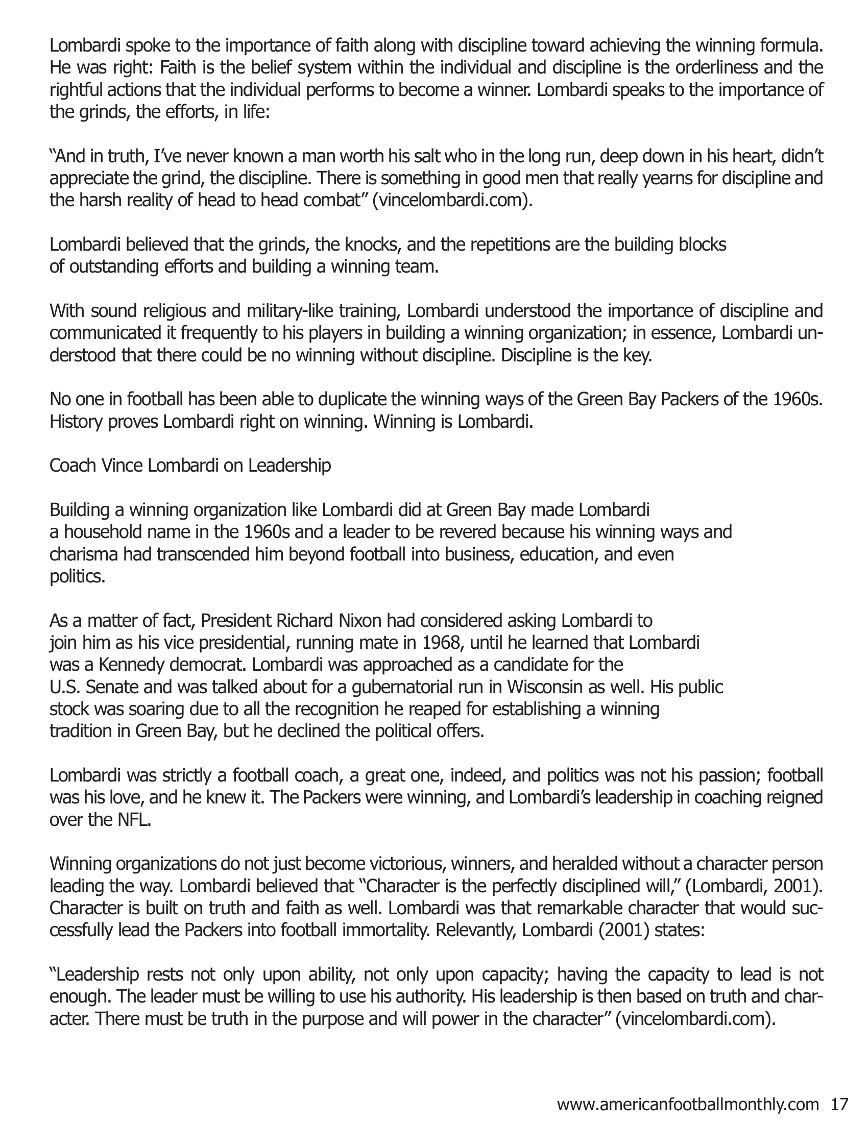 Coach Vince Lombardi: Memorable Axioms on Winning and Leadership (Part II) — American Football Quarterly Vol 3 — Winter 2018, page 17