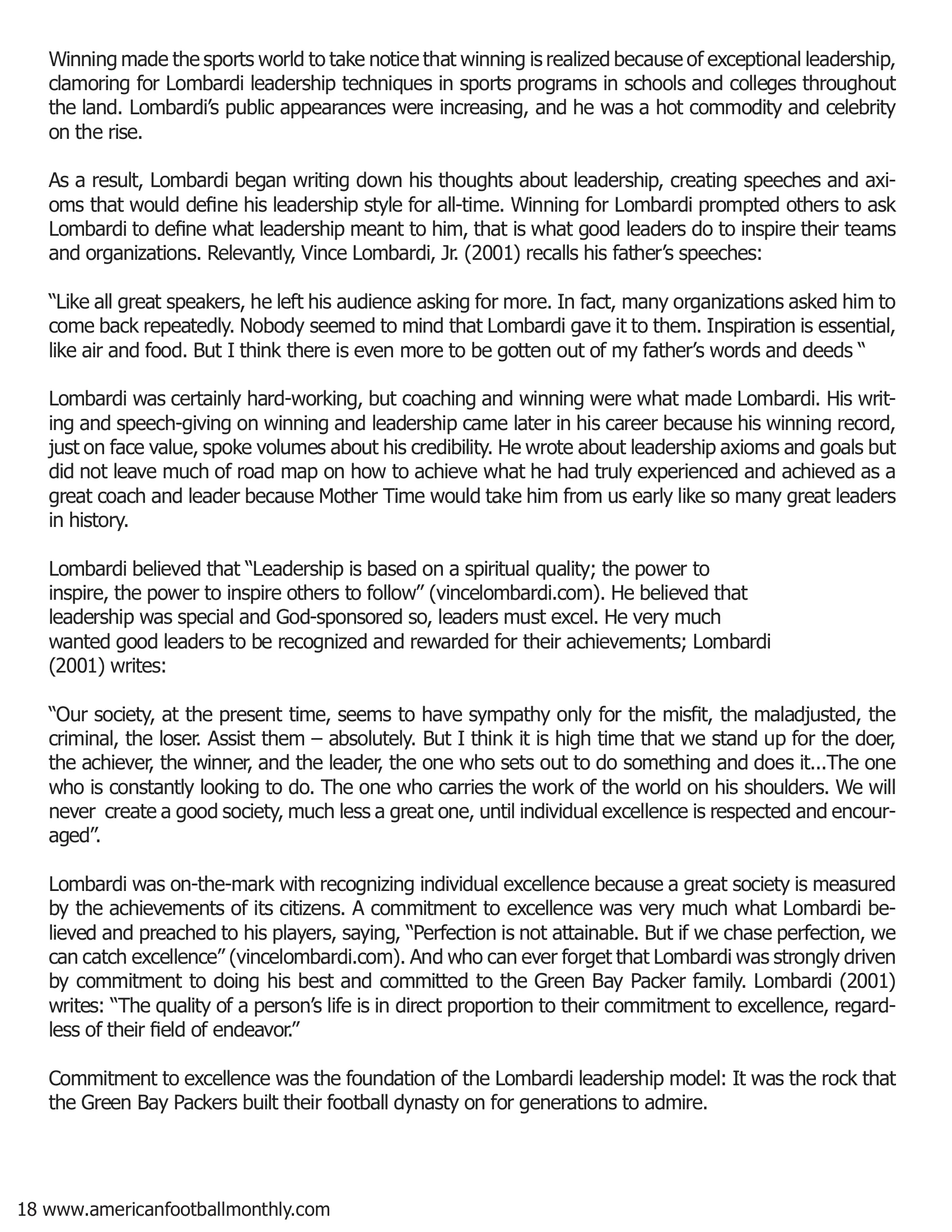 Coach Vince Lombardi: Memorable Axioms on Winning and Leadership (Part II) — American Football Quarterly Vol 3 — Winter 2018, page 18
