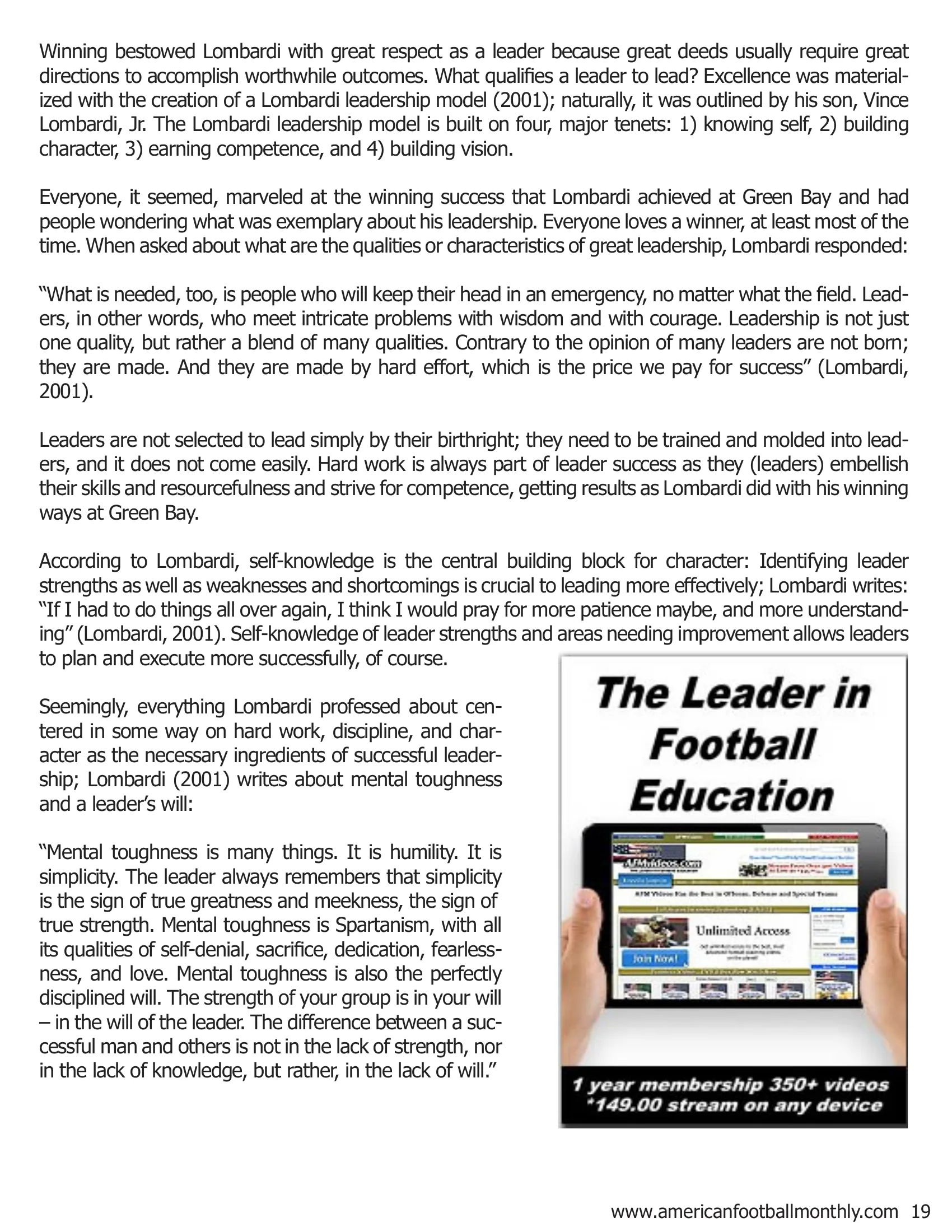 Coach Vince Lombardi: Memorable Axioms on Winning and Leadership (Part II) — American Football Quarterly Vol 3 — Winter 2018, page 19