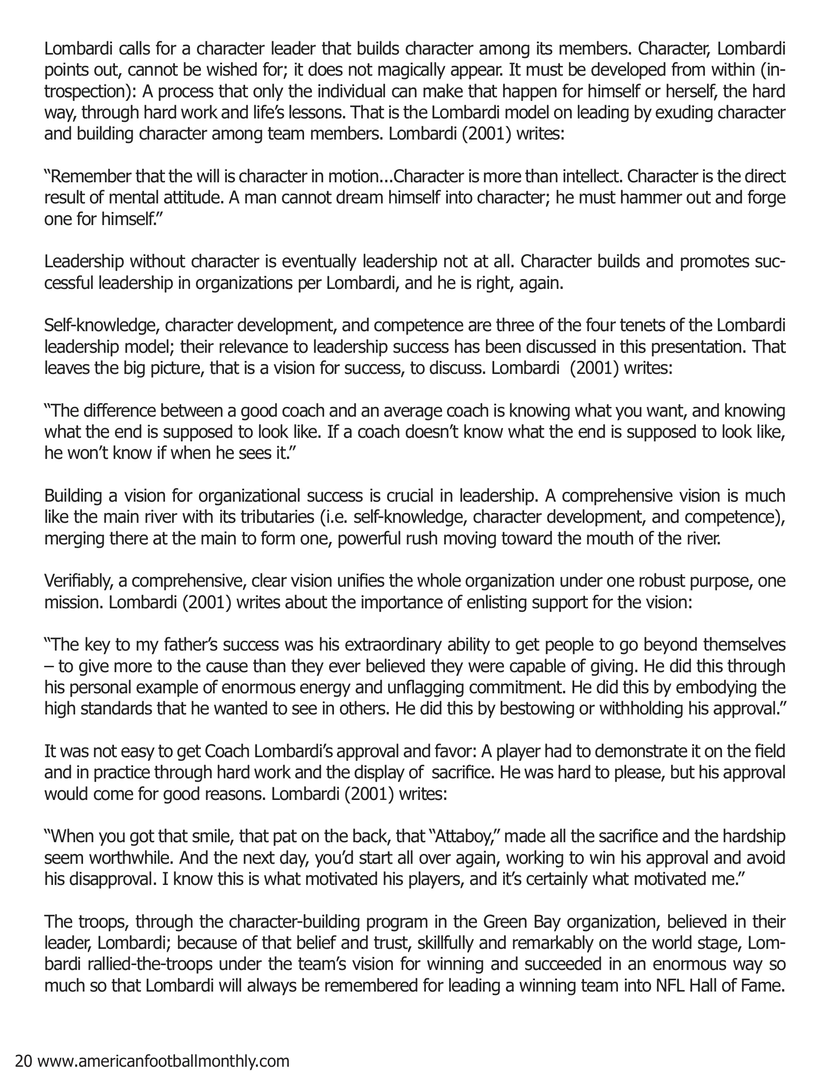 Coach Vince Lombardi: Memorable Axioms on Winning and Leadership (Part II) — American Football Quarterly Vol 3 — Winter 2018, page 20