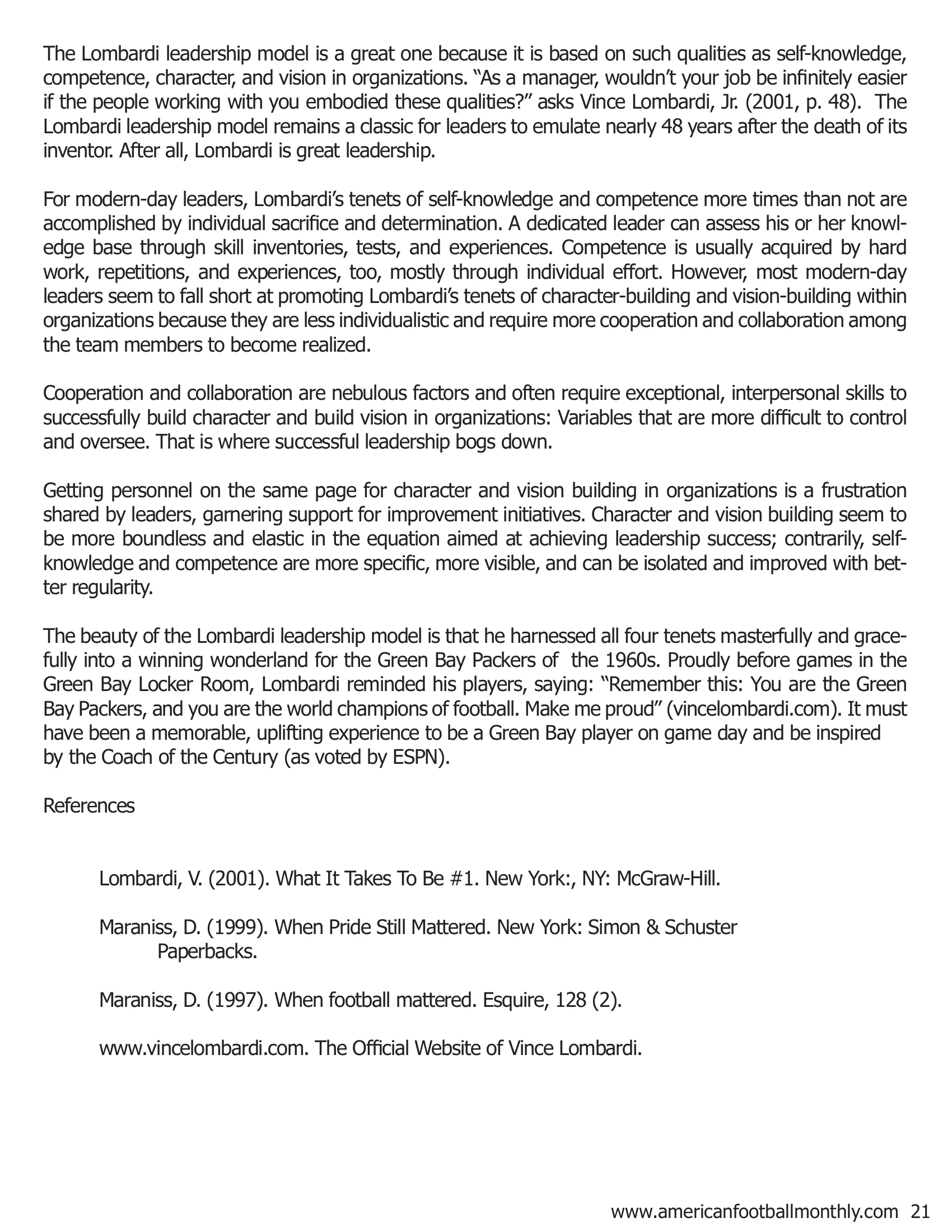 Coach Vince Lombardi: Memorable Axioms on Winning and Leadership (Part II) — American Football Quarterly Vol 3 — Winter 2018, page 21