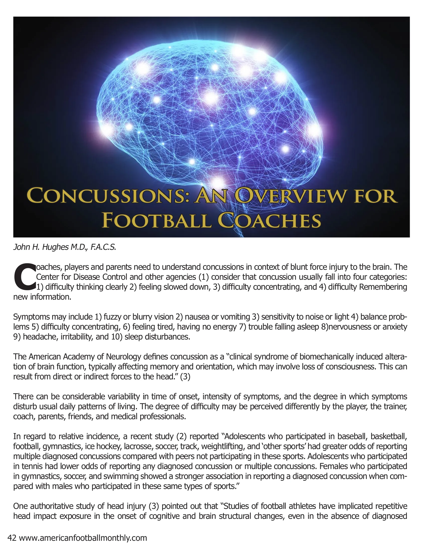 Concussions: An Overview for Football Coaches — American Football Quarterly Vol 3 — Winter 2018, page 42