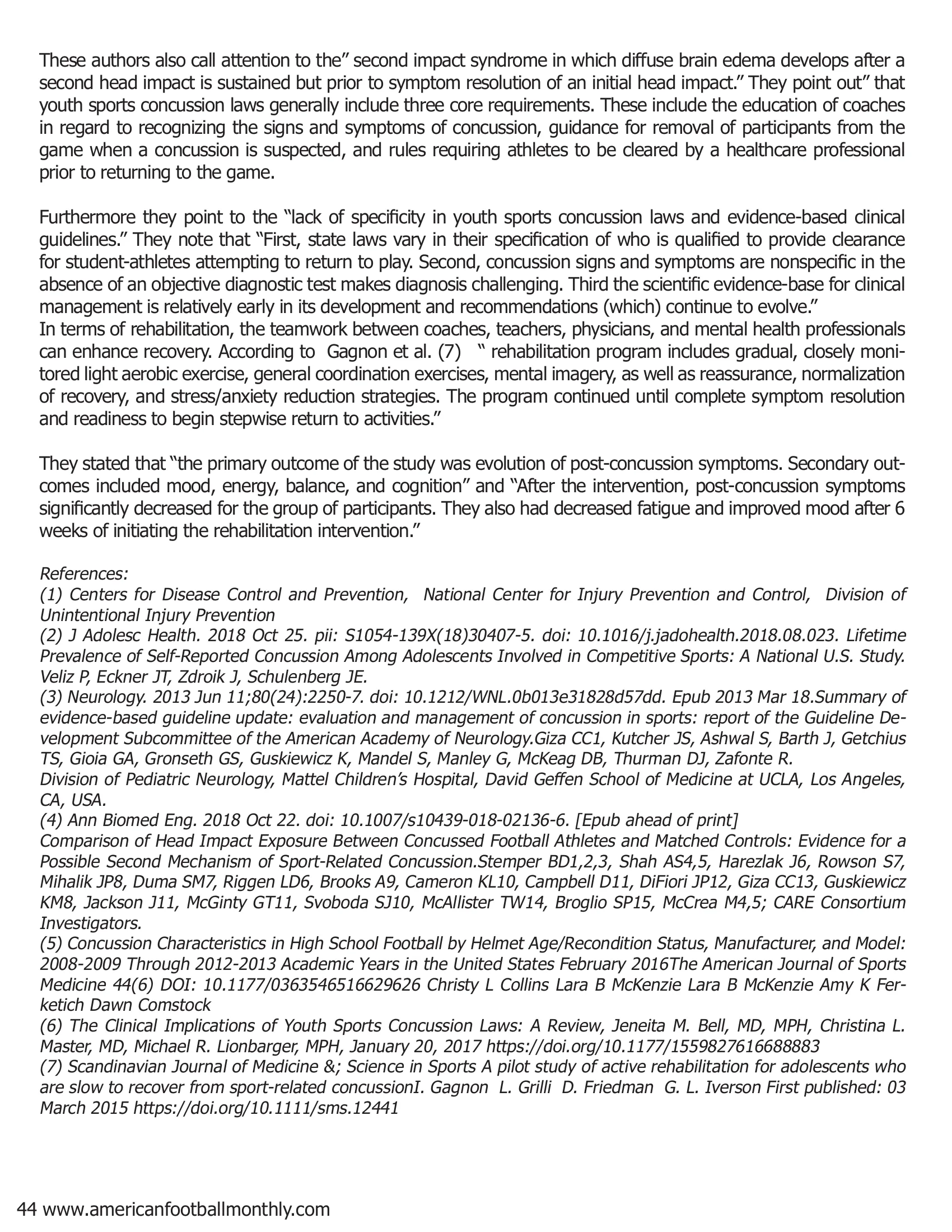 Concussions: An Overview for Football Coaches — American Football Quarterly Vol 3 — Winter 2018, page 44