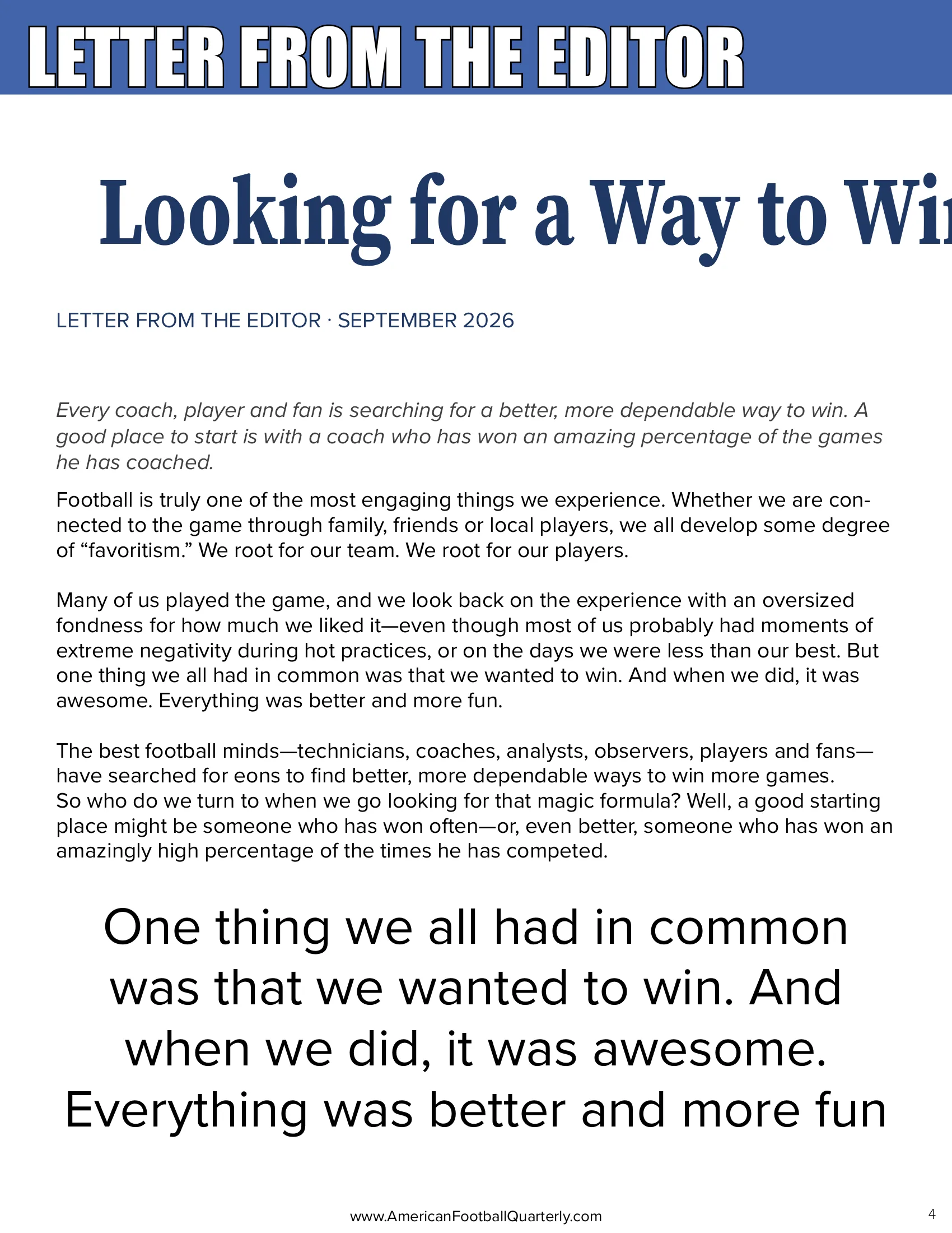 Letter From the Editor: Looking for a Way to Win — American Football Quarterly Vol 3 — Fall 2026, page 4